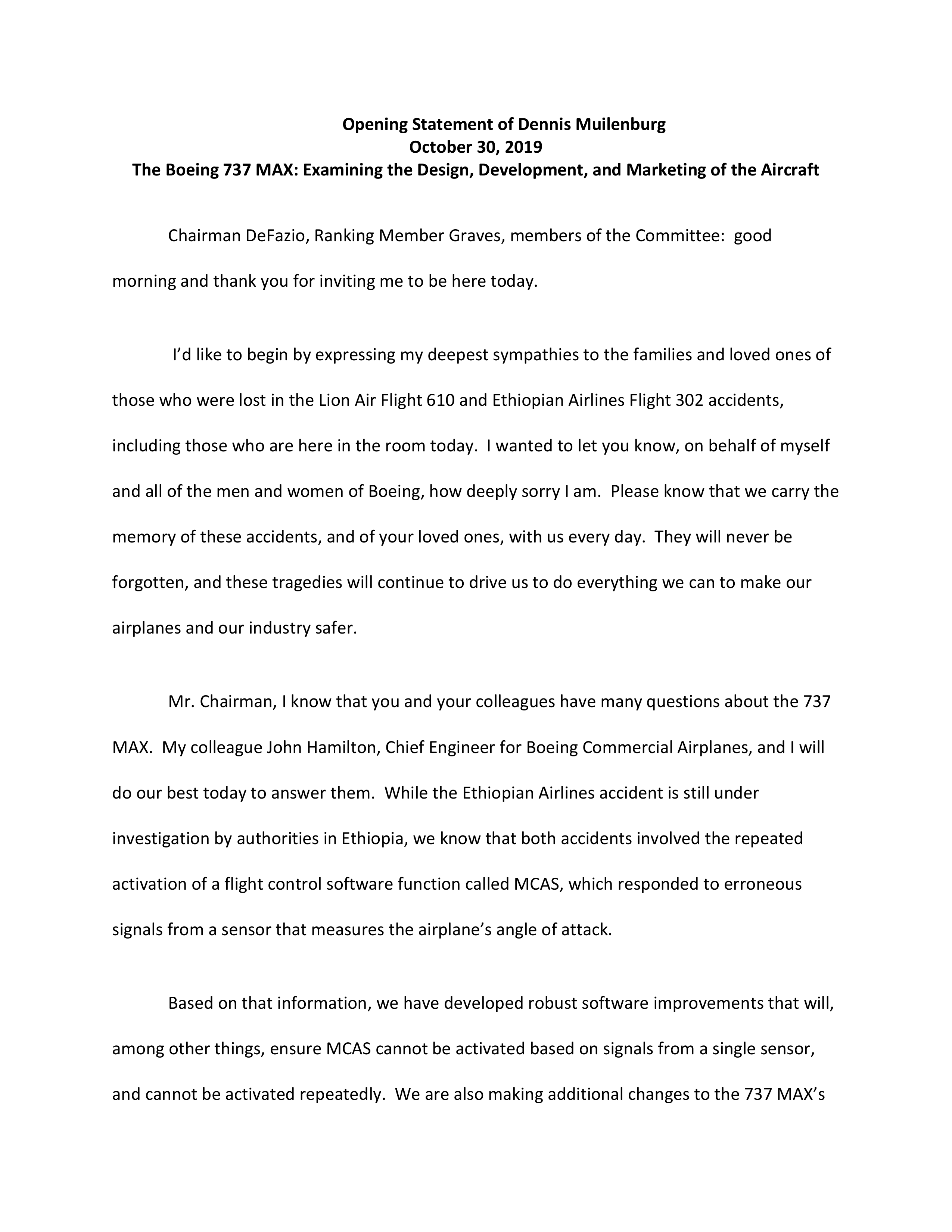Boeing 737 MAX Congressional Opening Statement — page 1