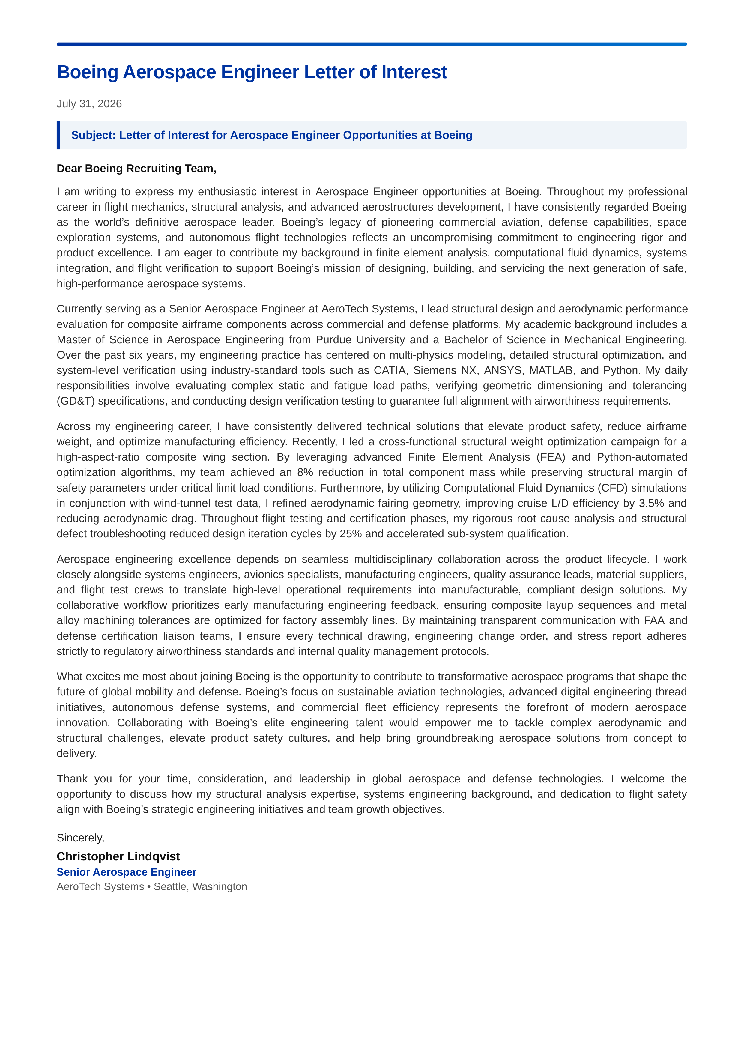 Boeing Aerospace Engineer Letter of Interest — page 1