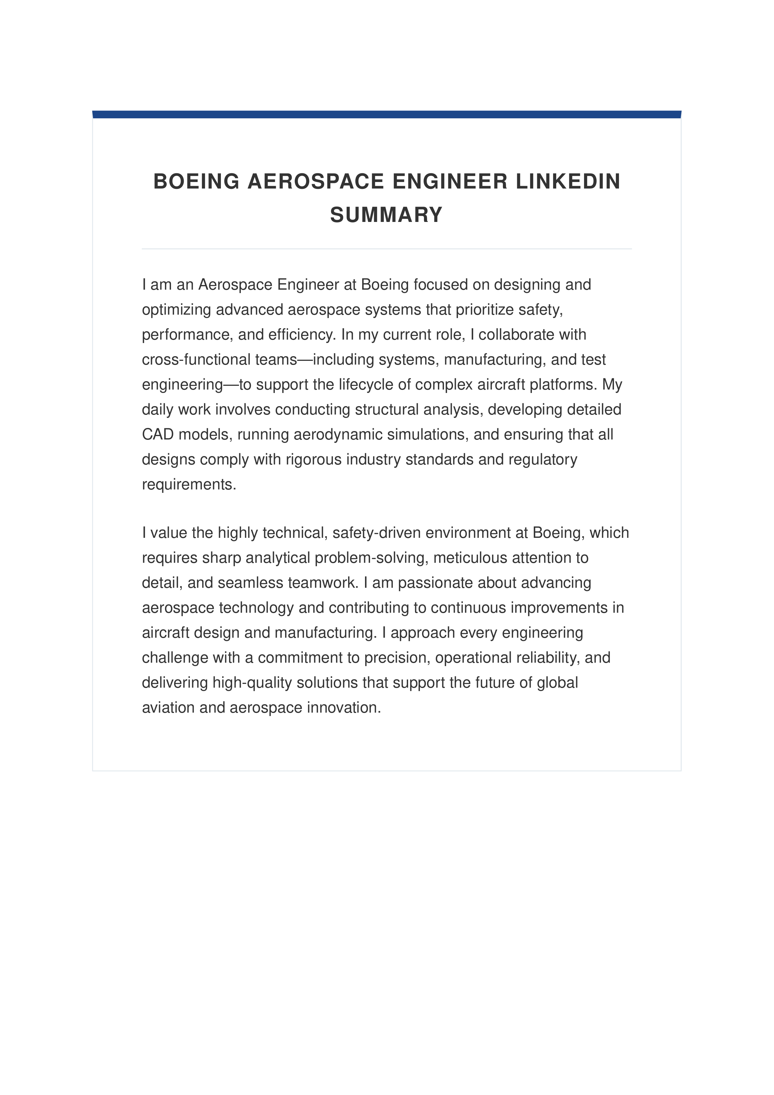 Boeing Aerospace Engineer LinkedIn Summary — page 1