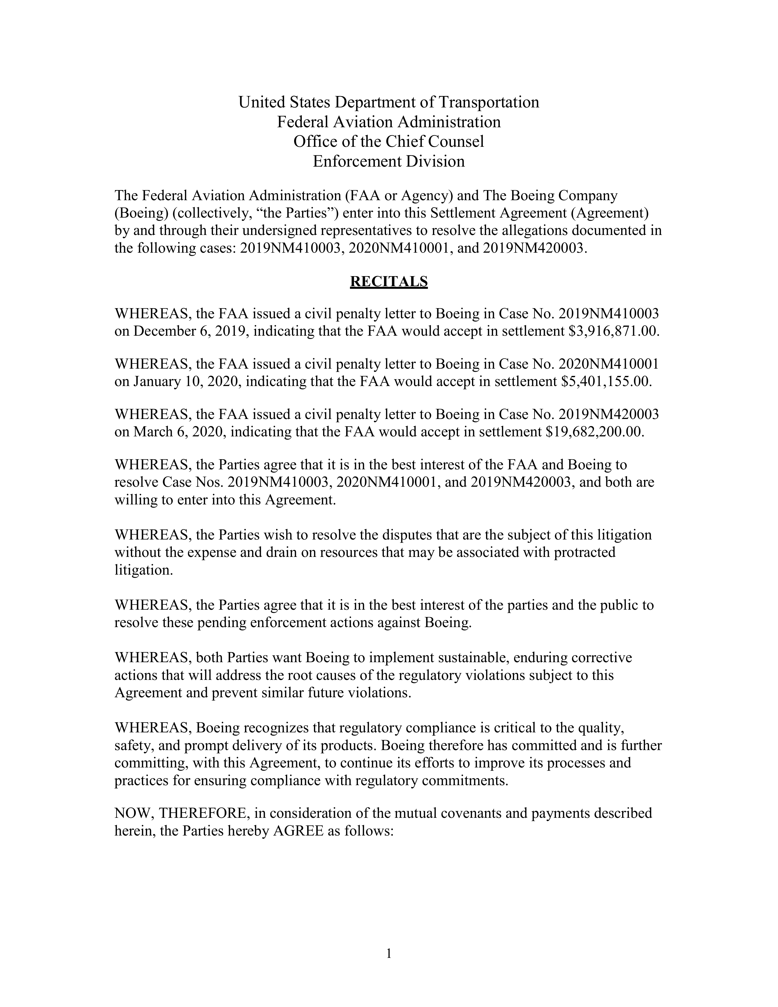 Boeing Settlement Agreement — page 1