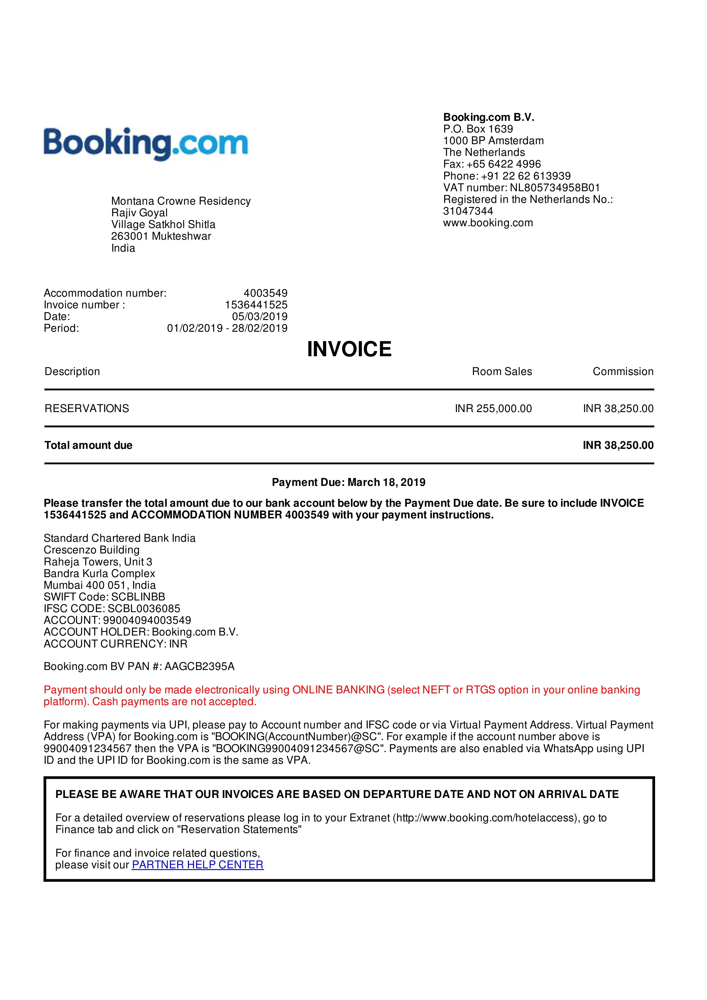 Booking.com Partner Commission Invoice — page 1