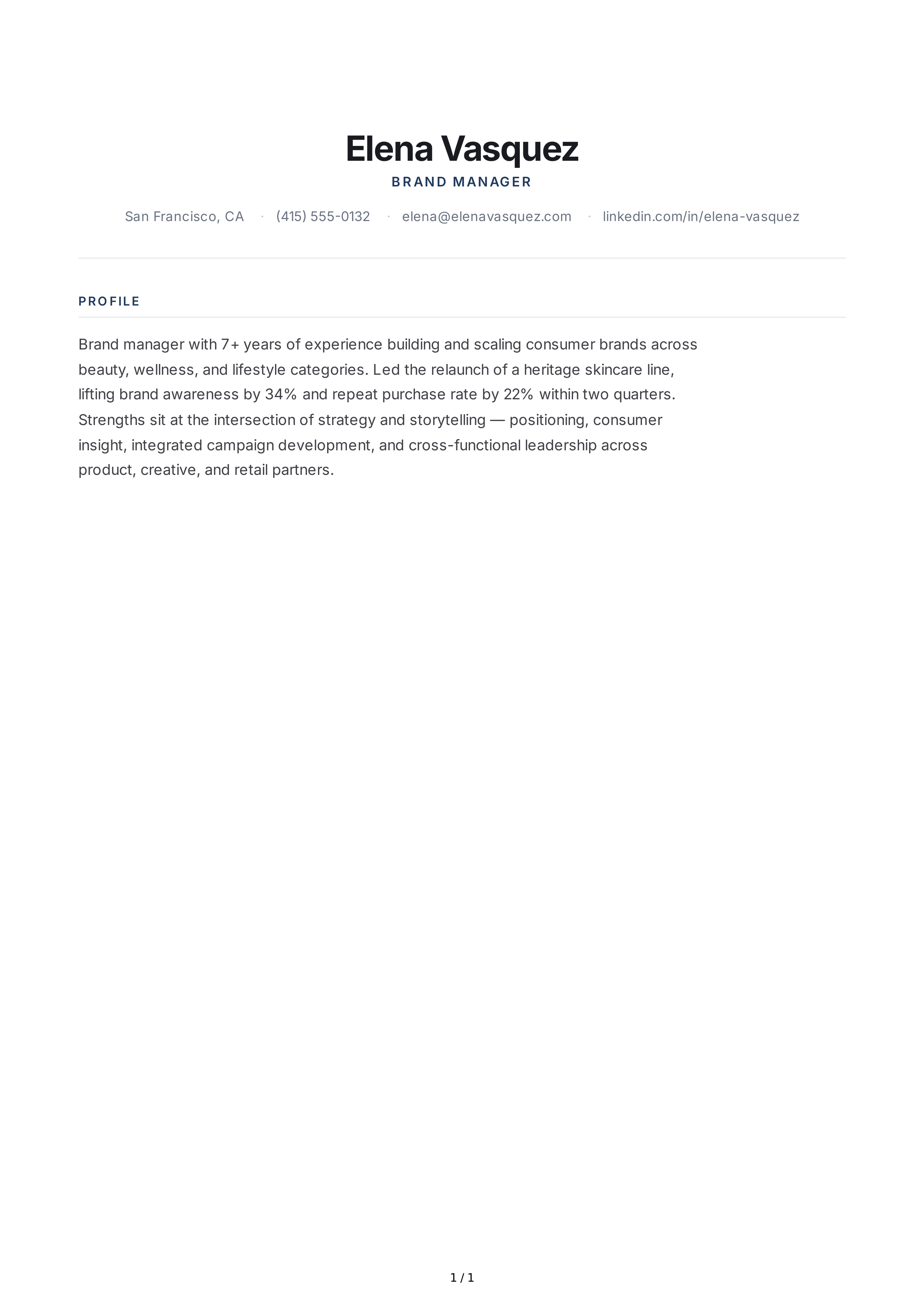 Brand Manager Resume Profile — page 1
