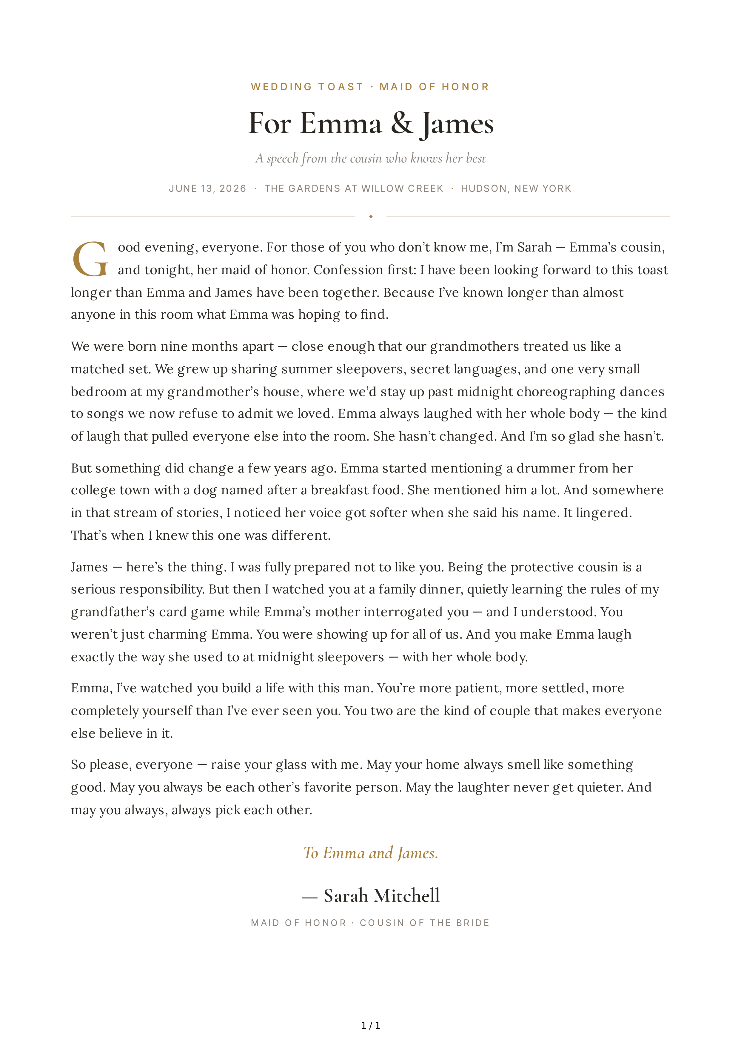 Bride's Cousin Maid of Honor Speech — page 1
