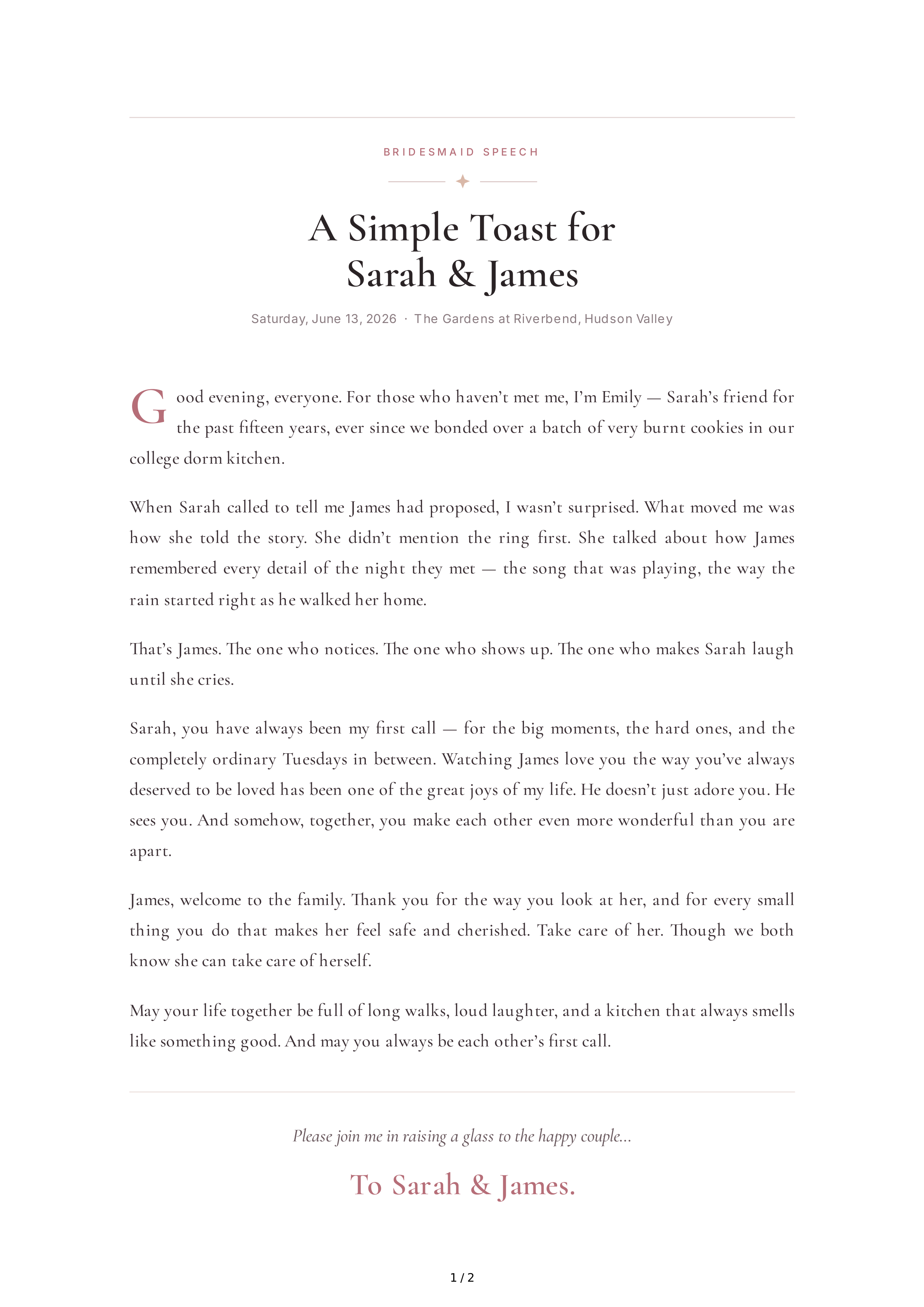 Bridesmaid Wedding Toast — page 1