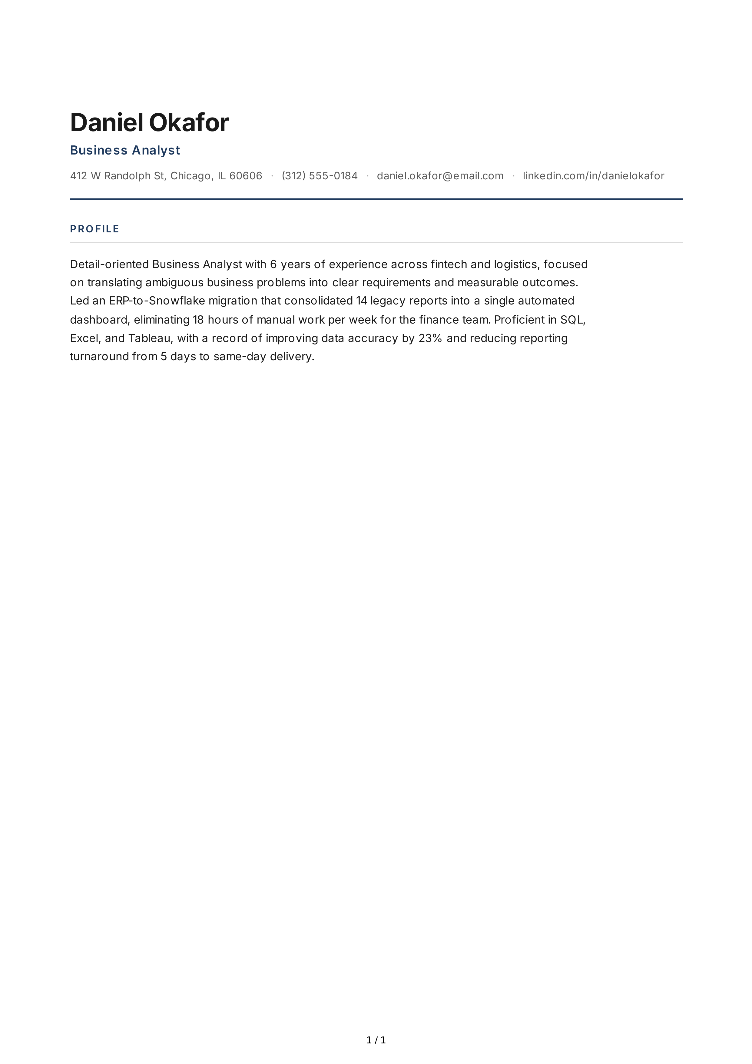 Business Analyst Resume Profile — page 1