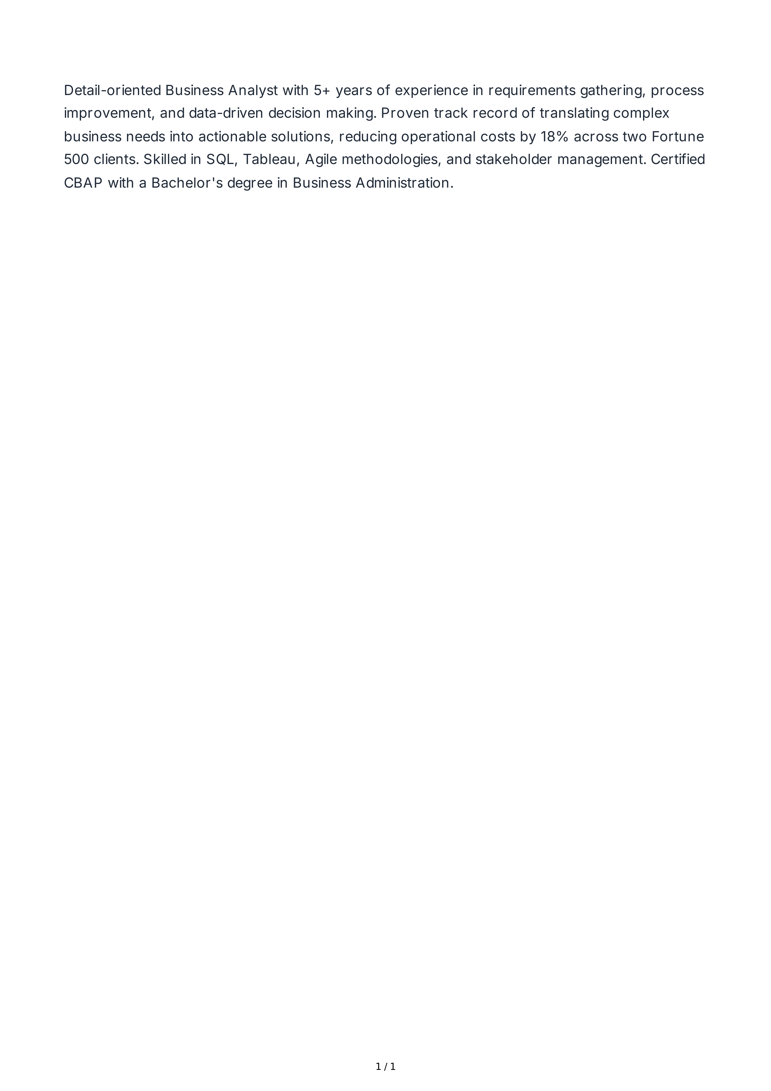 Business Analyst Resume Summary — page 1