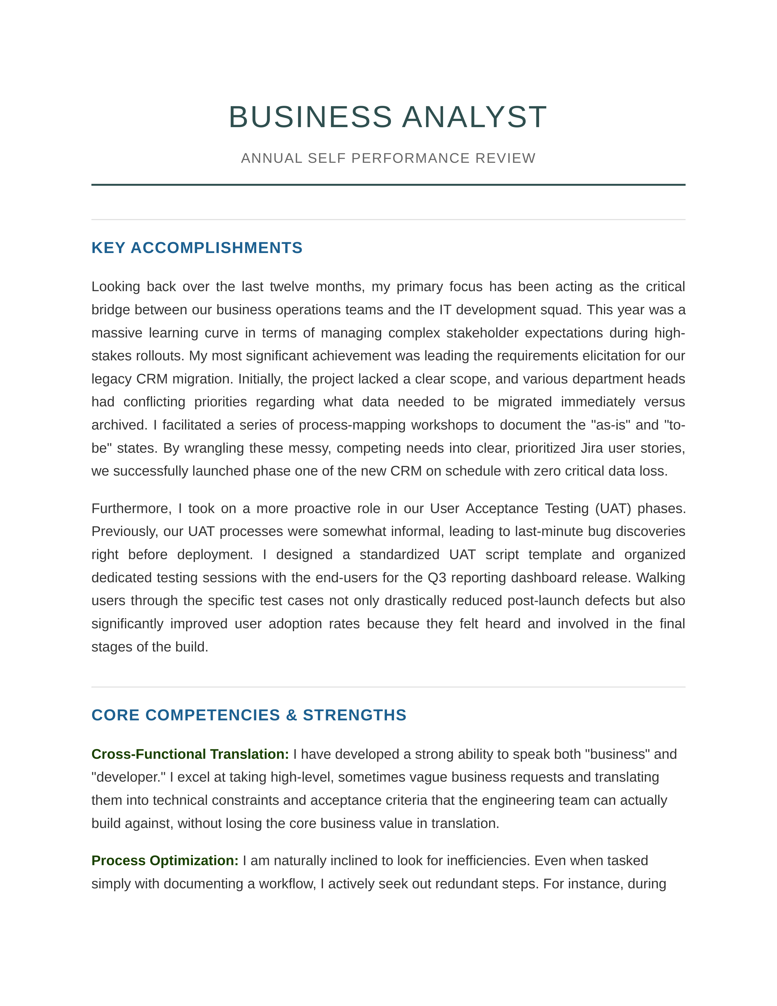 Business Analyst Self Performance Review — page 1