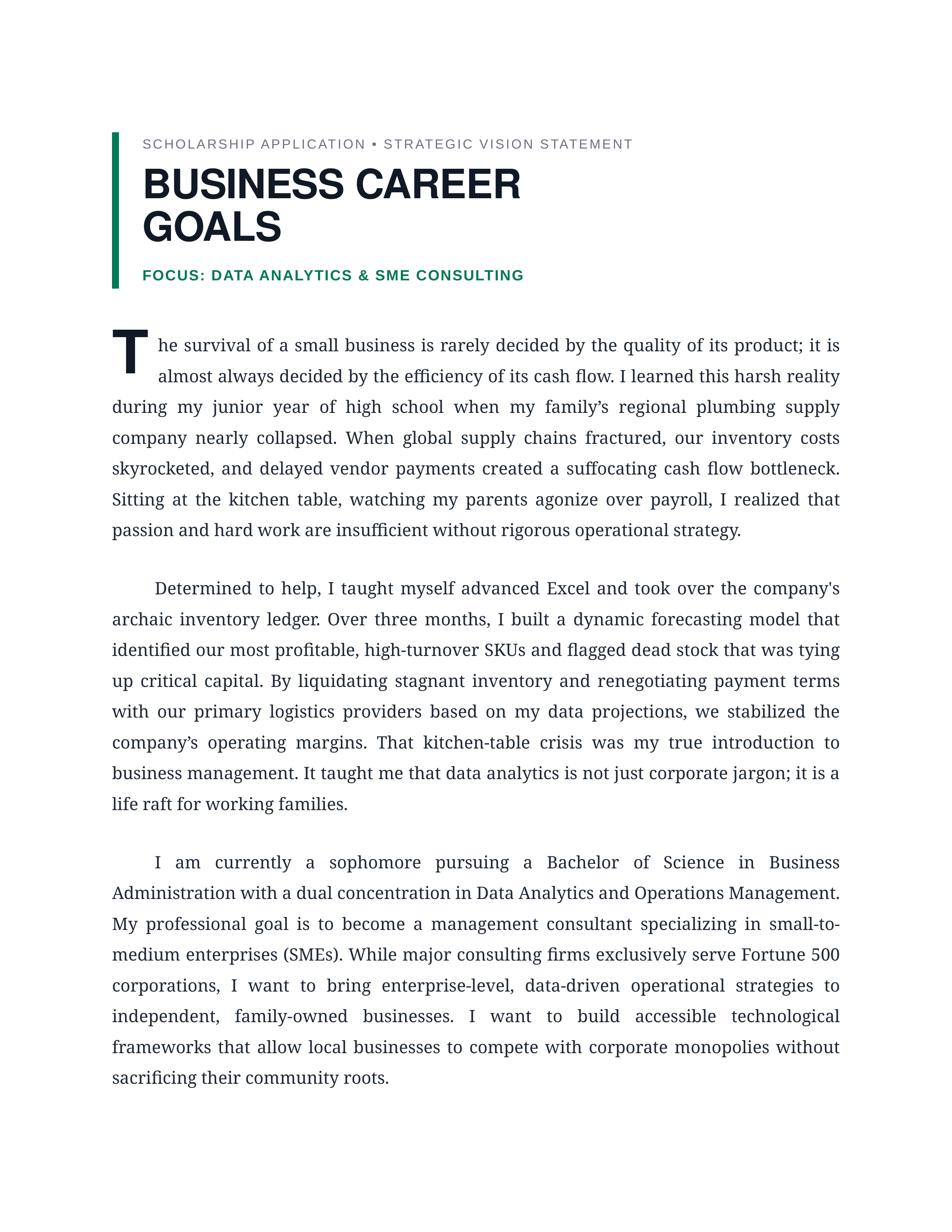 Business Career Goals Scholarship Essay — page 1