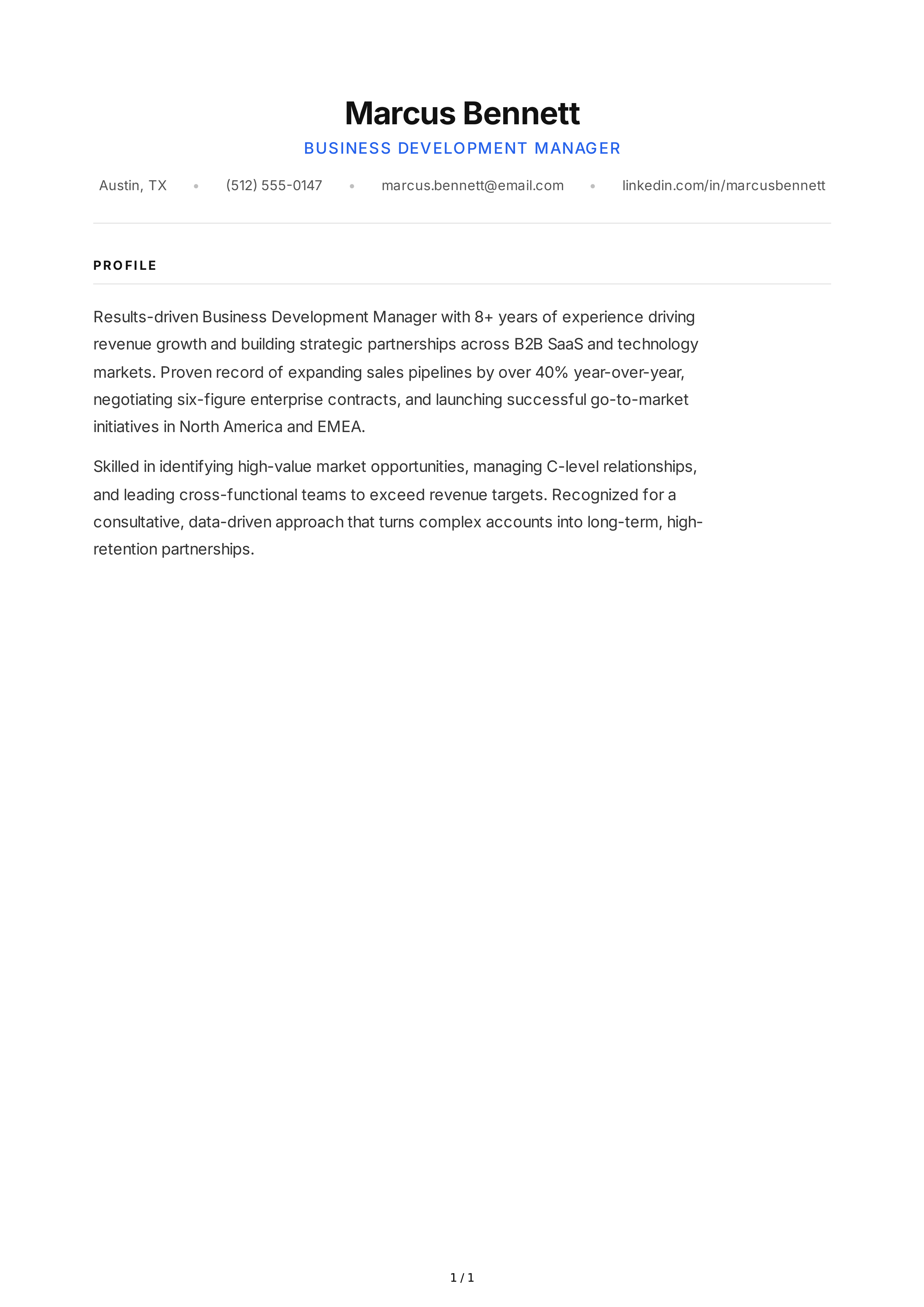 Business Development Manager Resume Profile — page 1