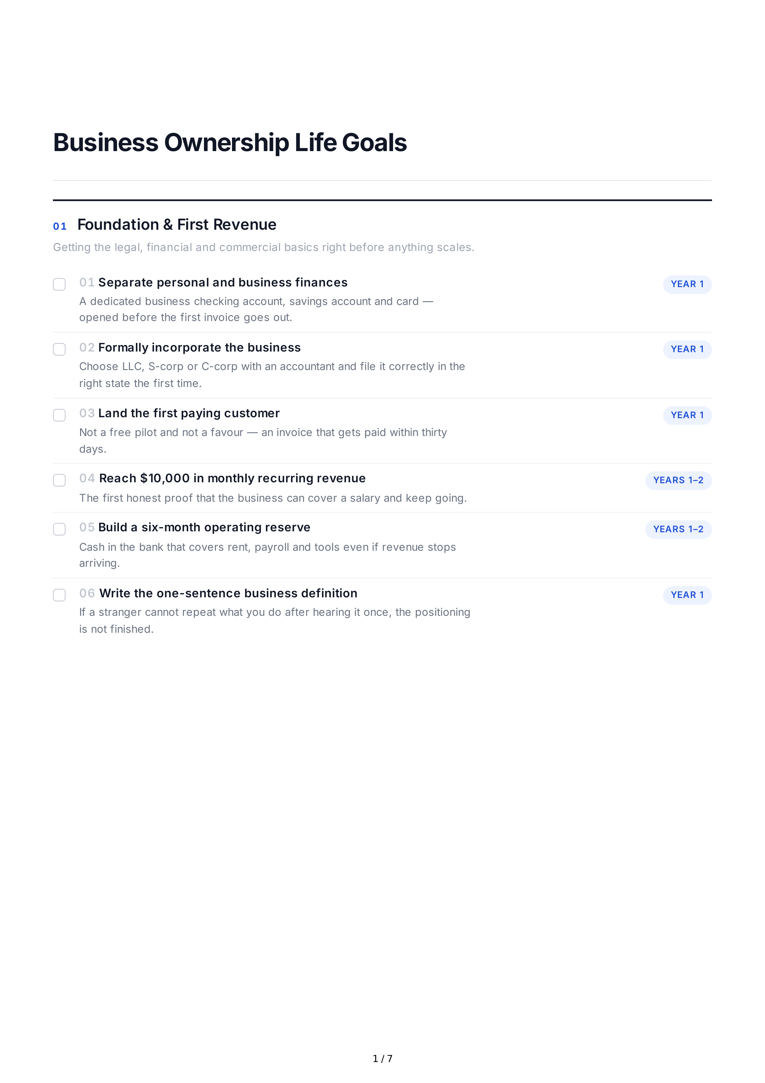 Business Ownership Life Goals — page 1