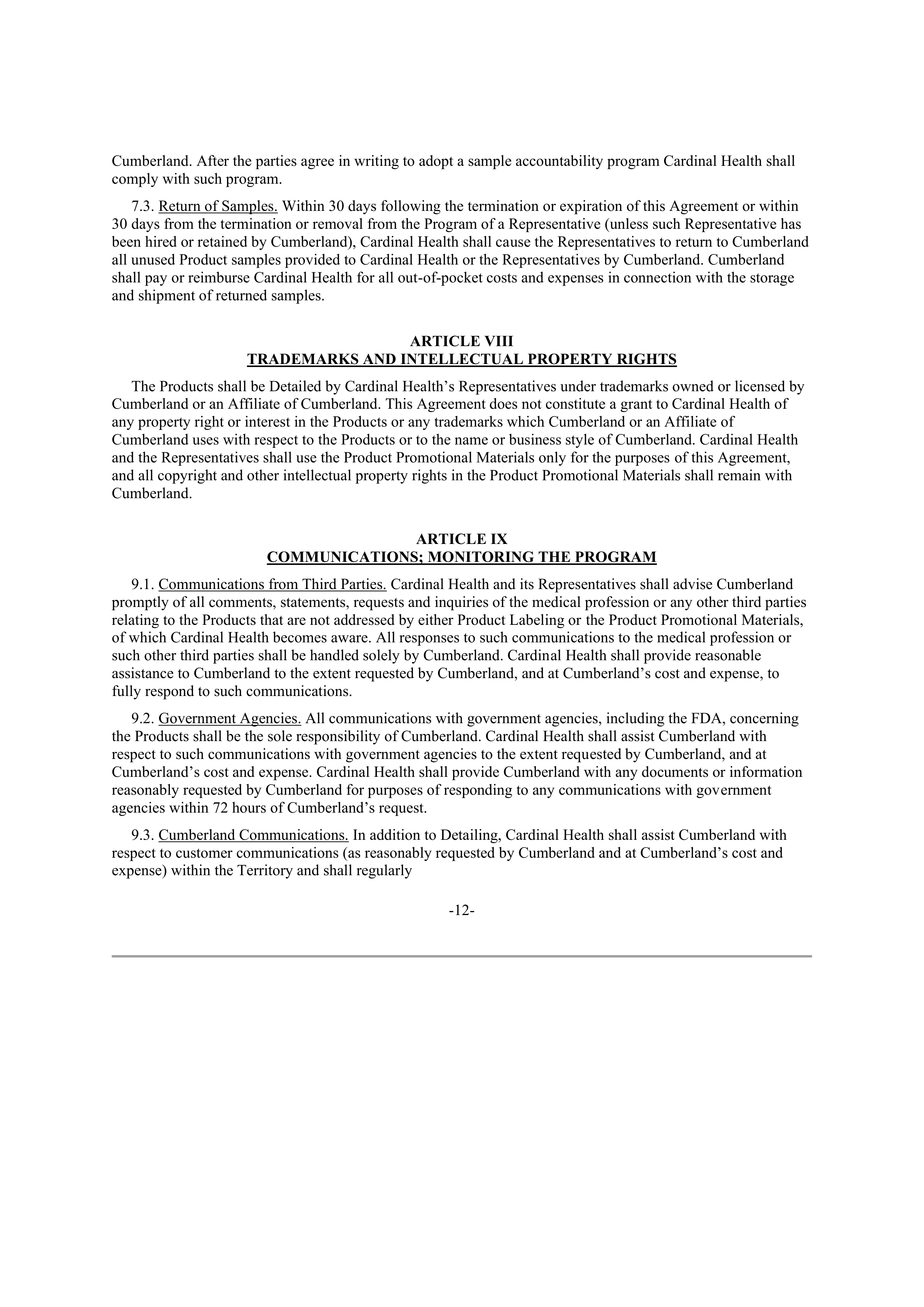 CARDINAL HEALTH CONTRACT SALES AND SERVICE AGREEMENT — page 11