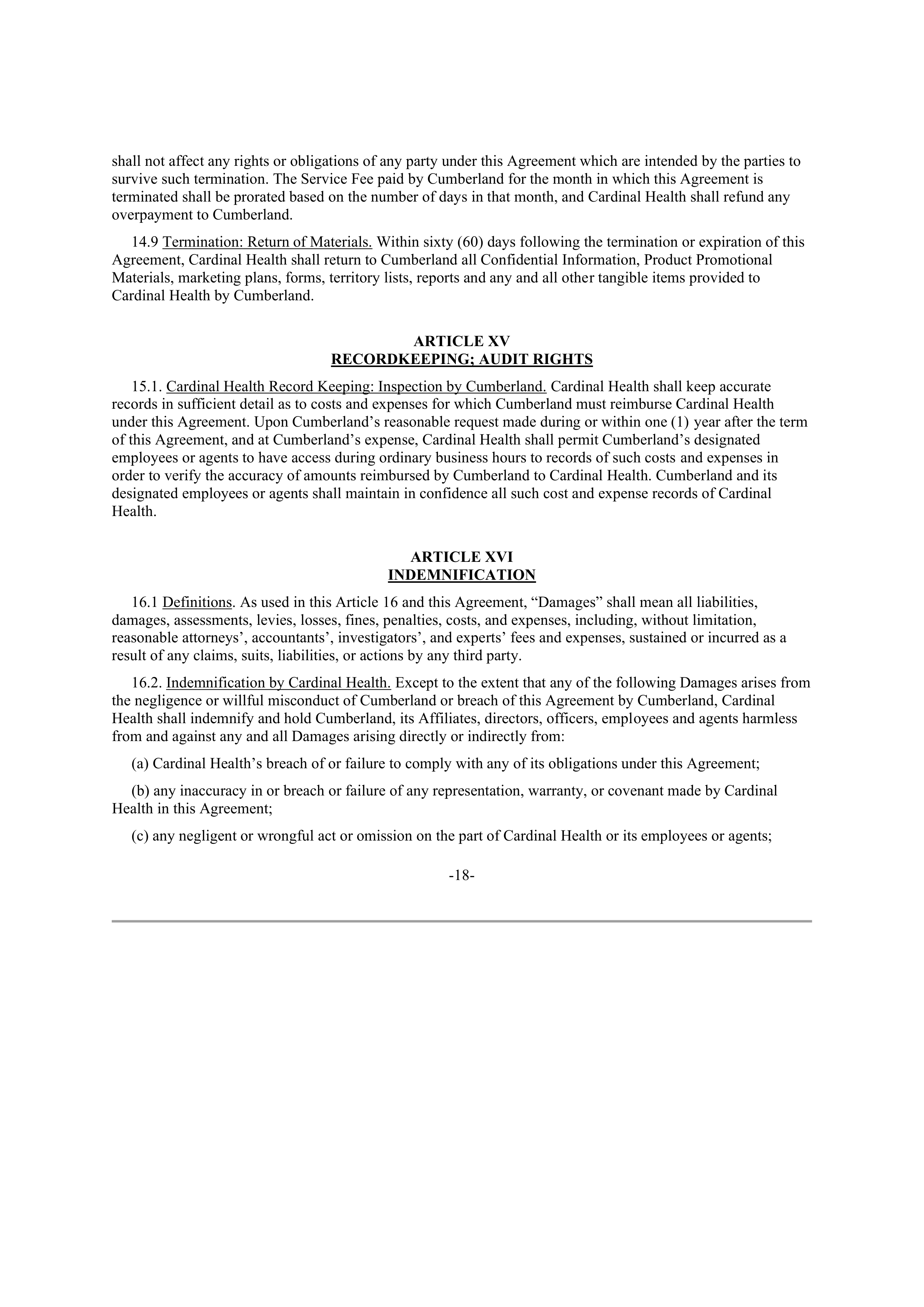 CARDINAL HEALTH CONTRACT SALES AND SERVICE AGREEMENT — page 17