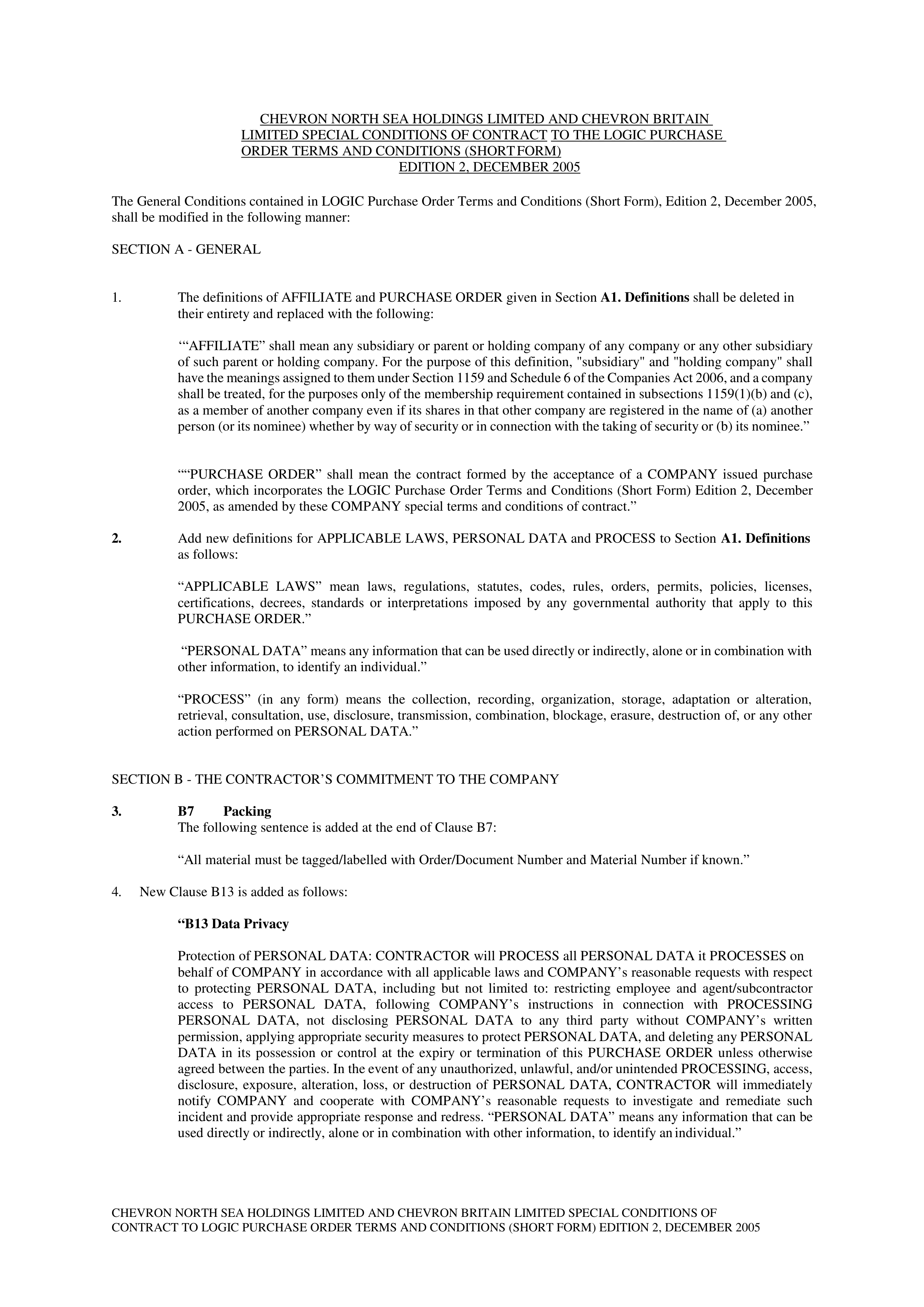 CHEVRON CONTRACT TO LOGIC PURCHASE ORDER TERMS AND CONDITIONS — page 1