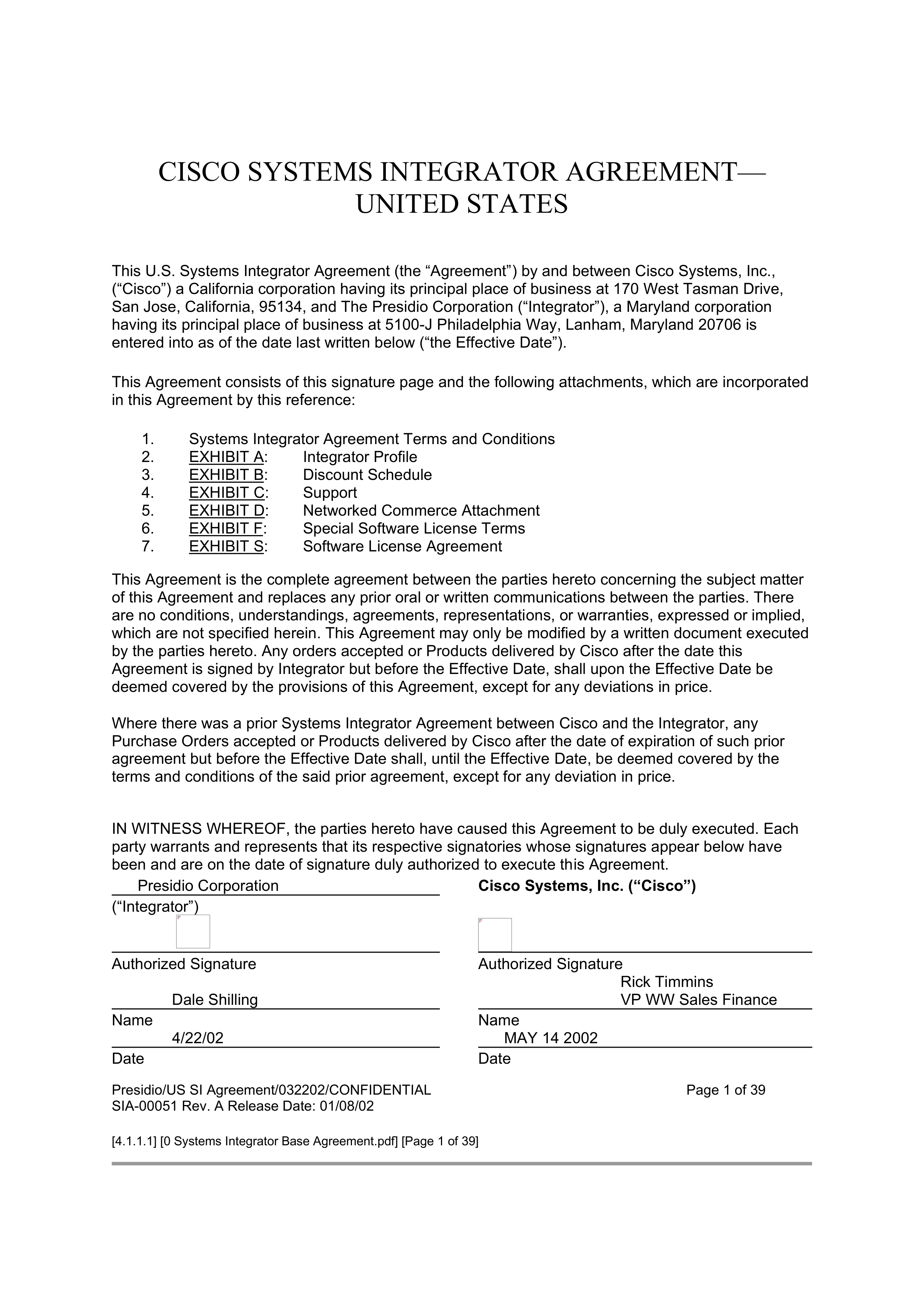 CISCO SYSTEMS INTEGRATOR AGREEMENT — page 1