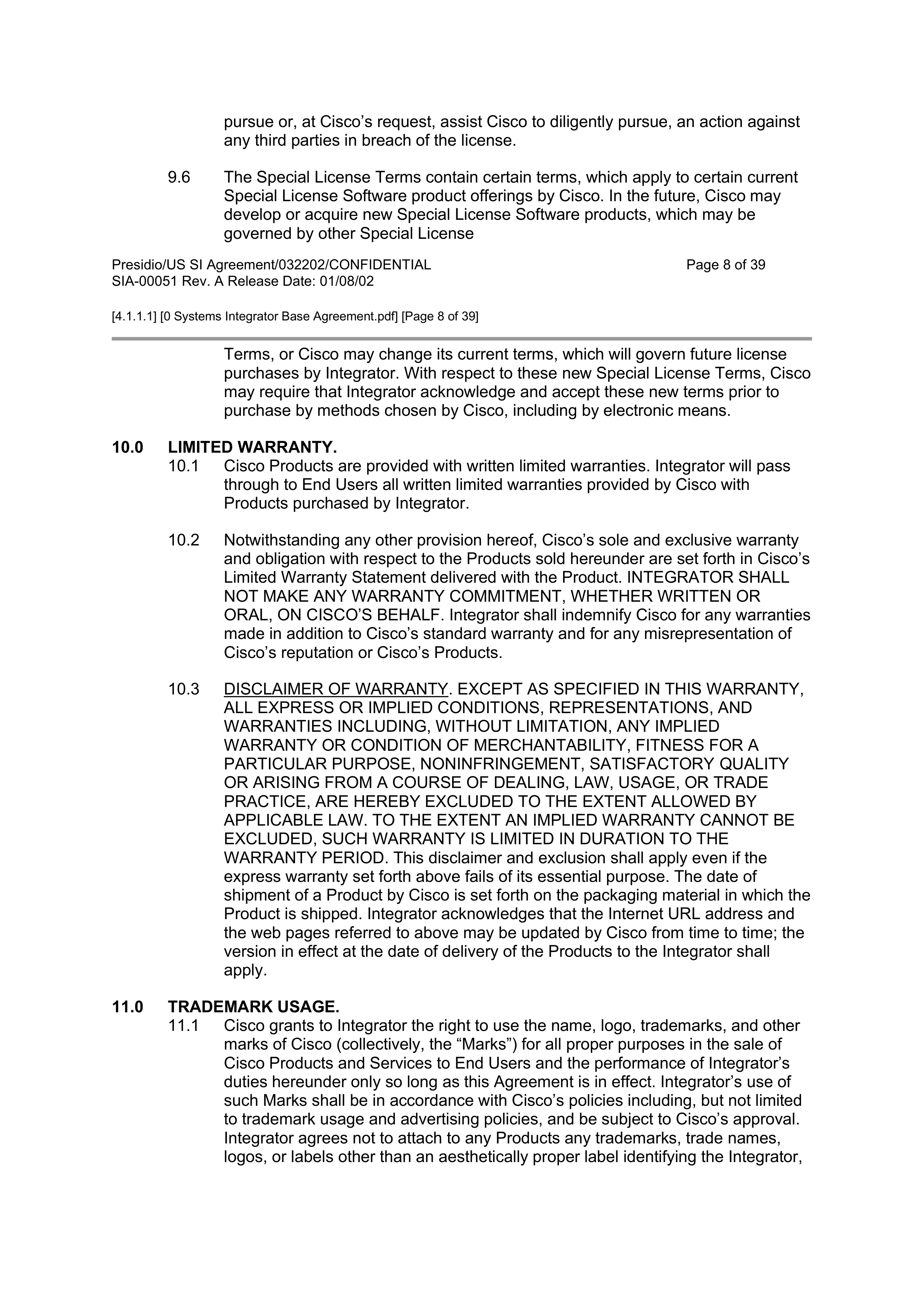 CISCO SYSTEMS INTEGRATOR AGREEMENT — page 10