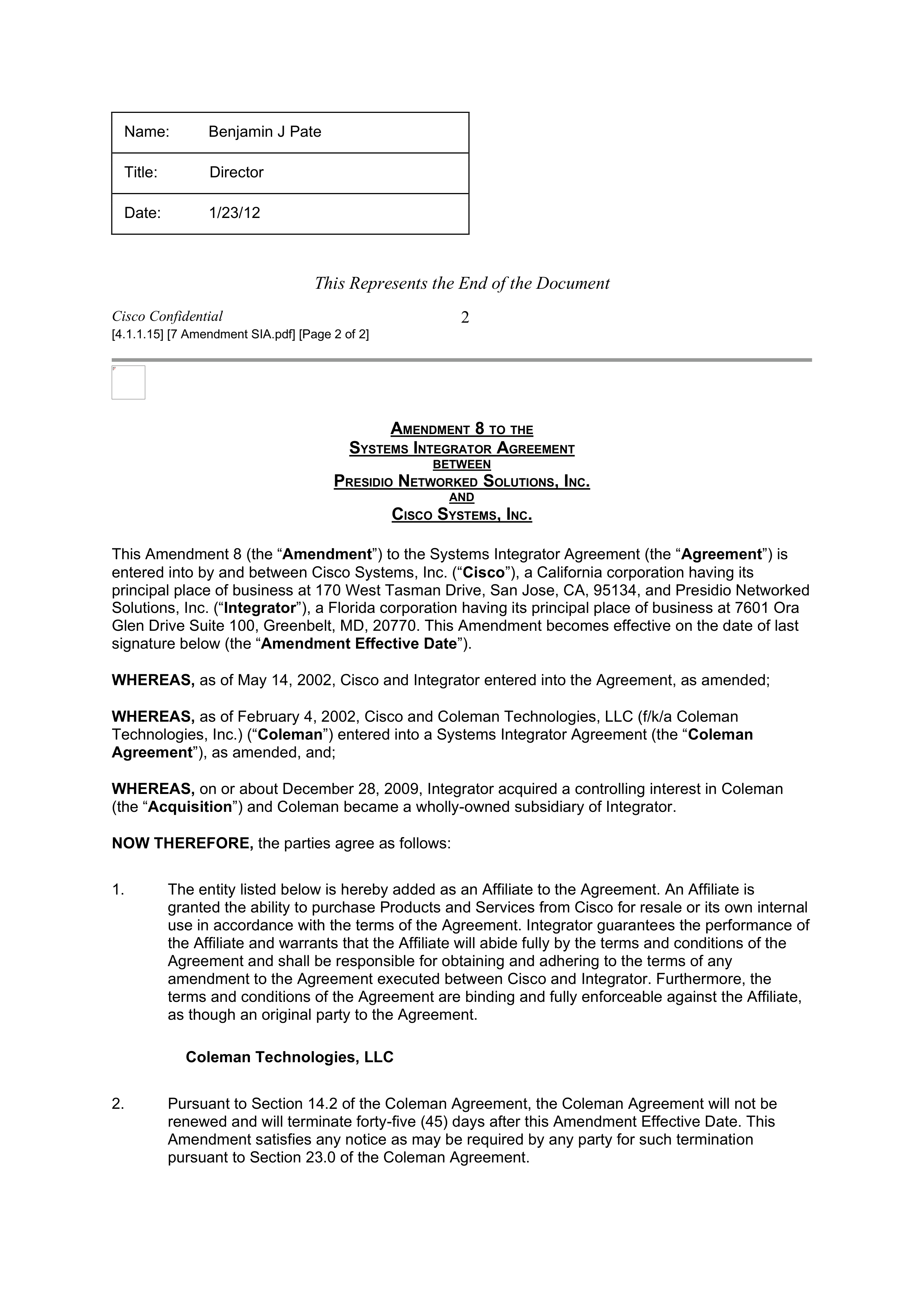 CISCO SYSTEMS INTEGRATOR AGREEMENT — page 108