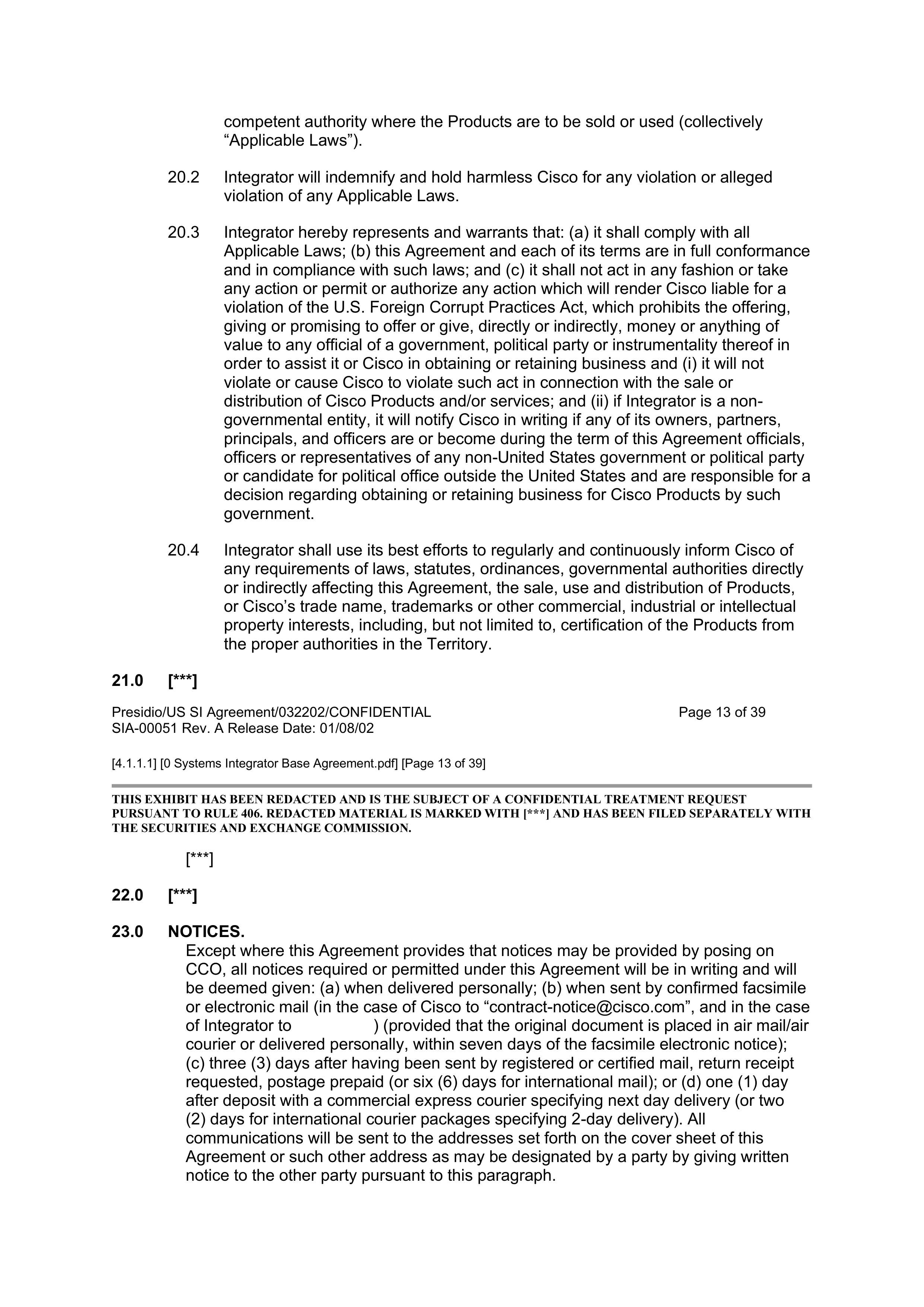 CISCO SYSTEMS INTEGRATOR AGREEMENT — page 15