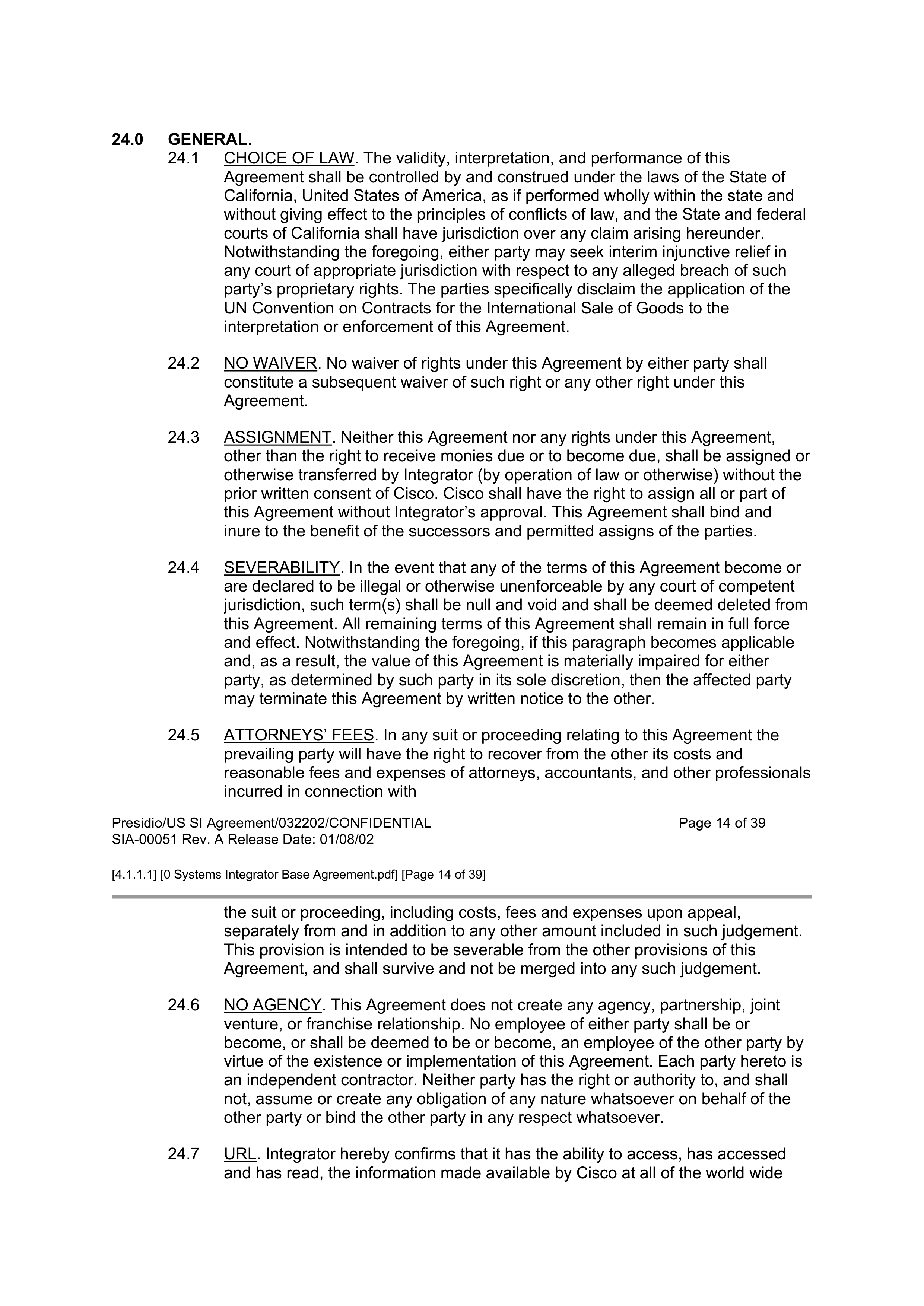CISCO SYSTEMS INTEGRATOR AGREEMENT — page 16