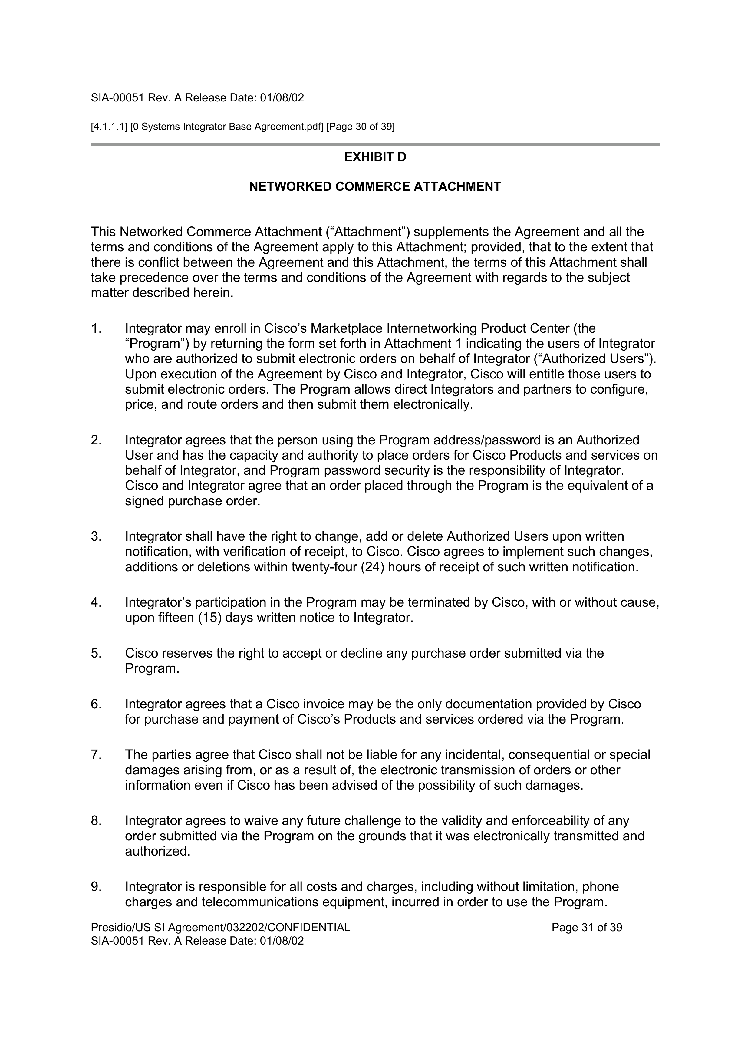 CISCO SYSTEMS INTEGRATOR AGREEMENT — page 31