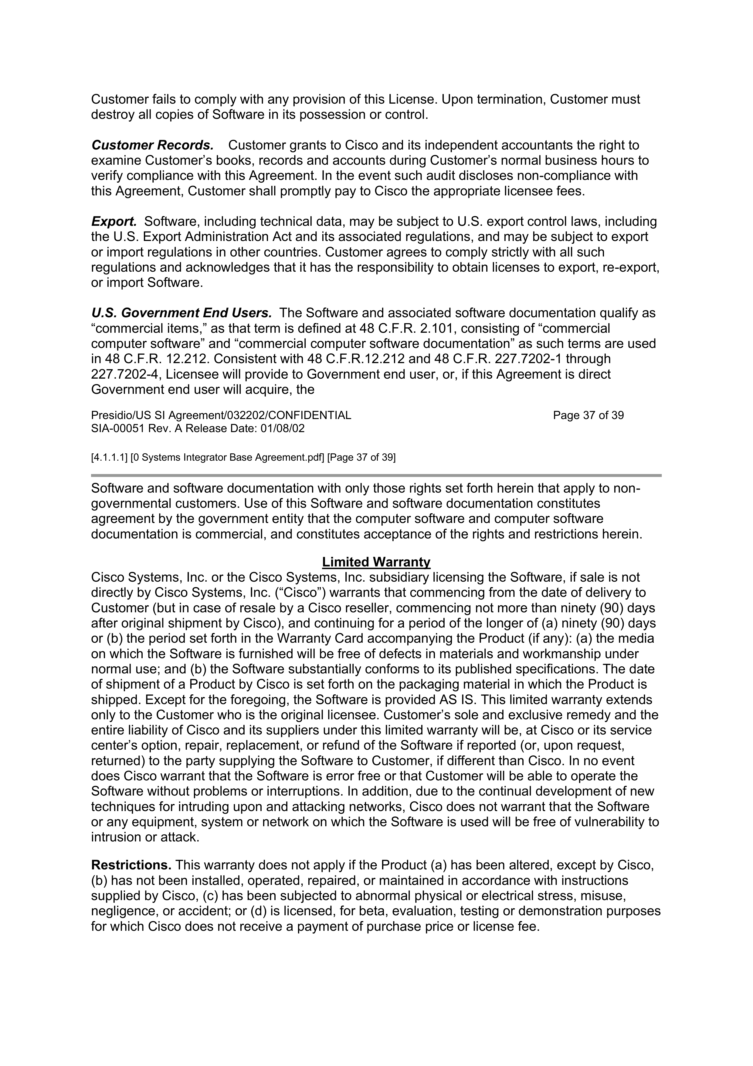 CISCO SYSTEMS INTEGRATOR AGREEMENT — page 38