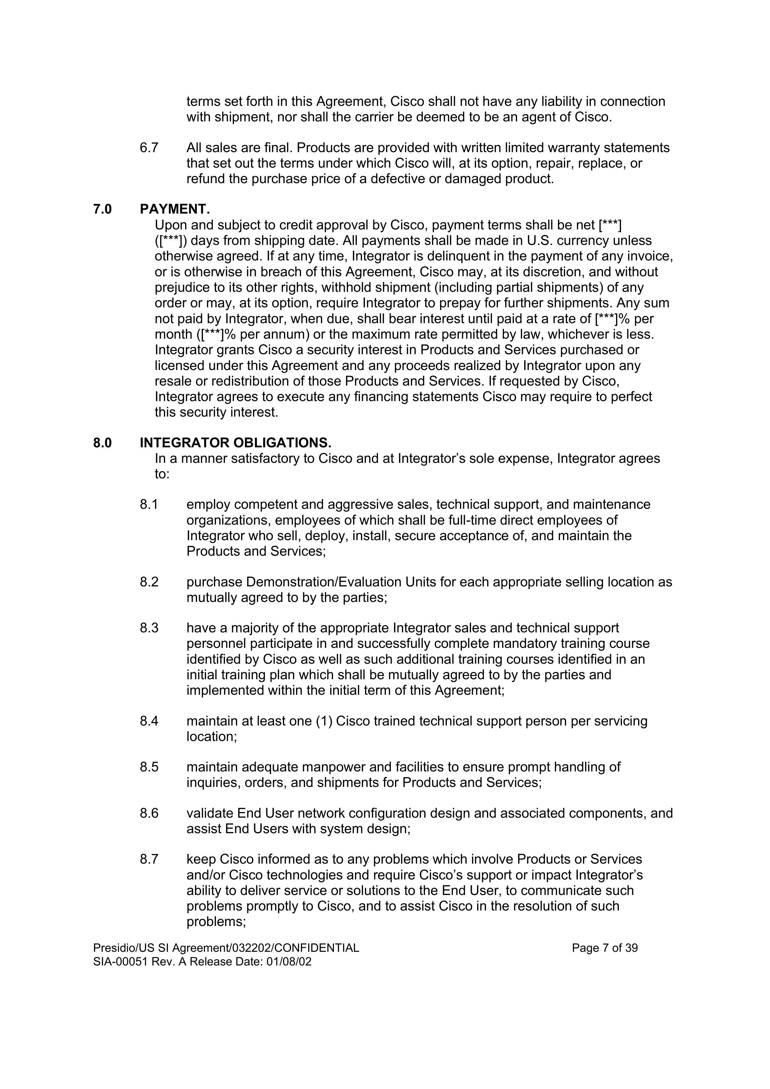 CISCO SYSTEMS INTEGRATOR AGREEMENT — page 8