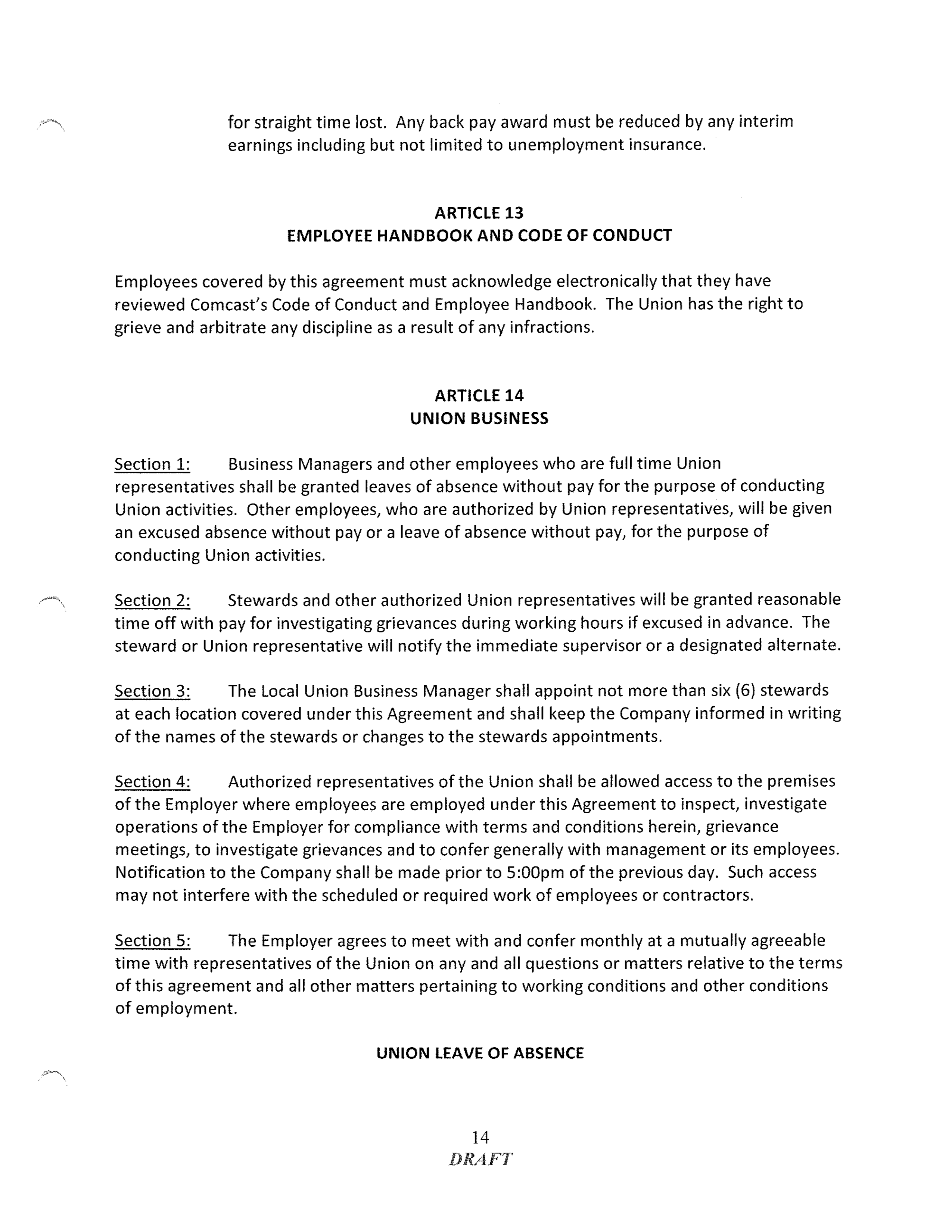 COMCAST COLLECTIVE BARGAINING AGREEMENT — page 14