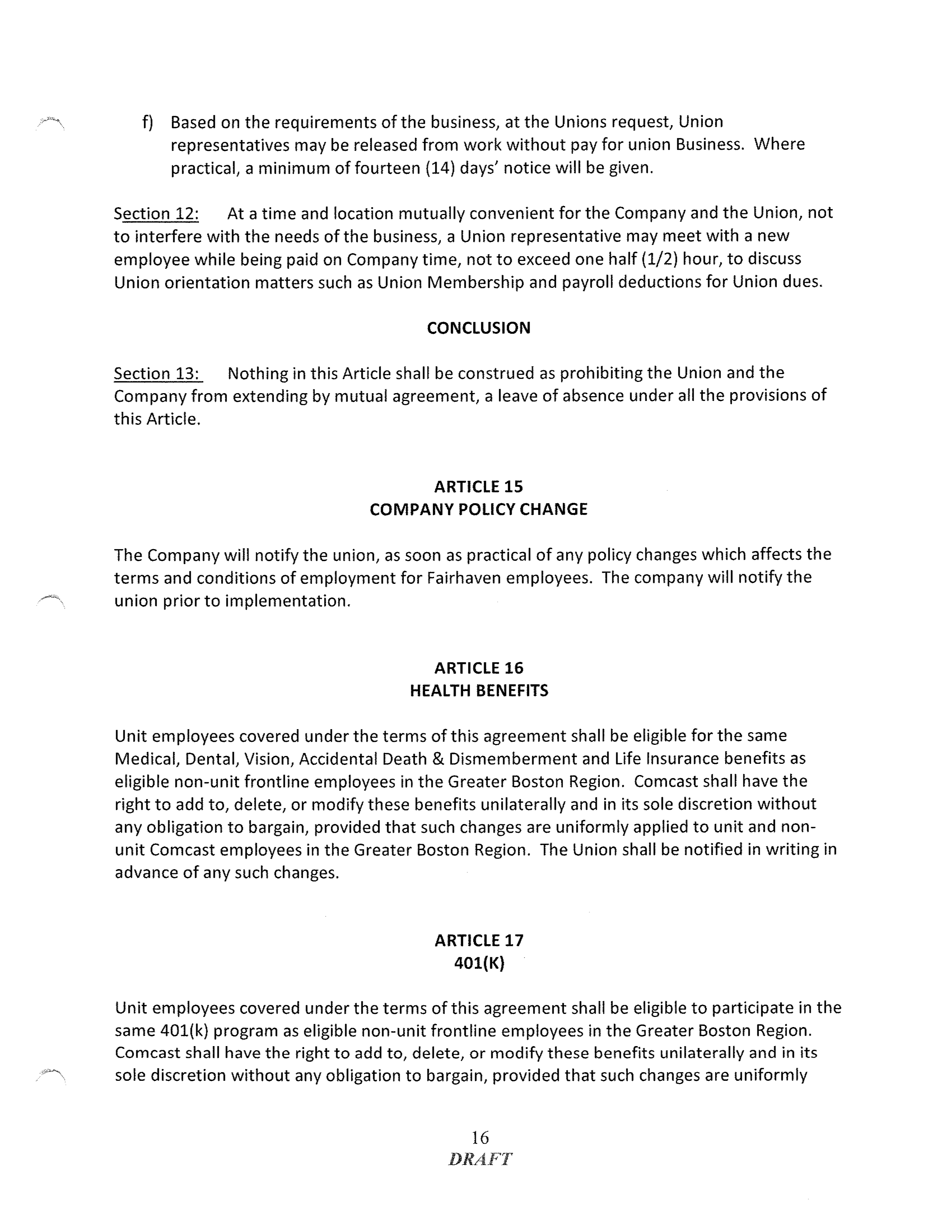 COMCAST COLLECTIVE BARGAINING AGREEMENT — page 16