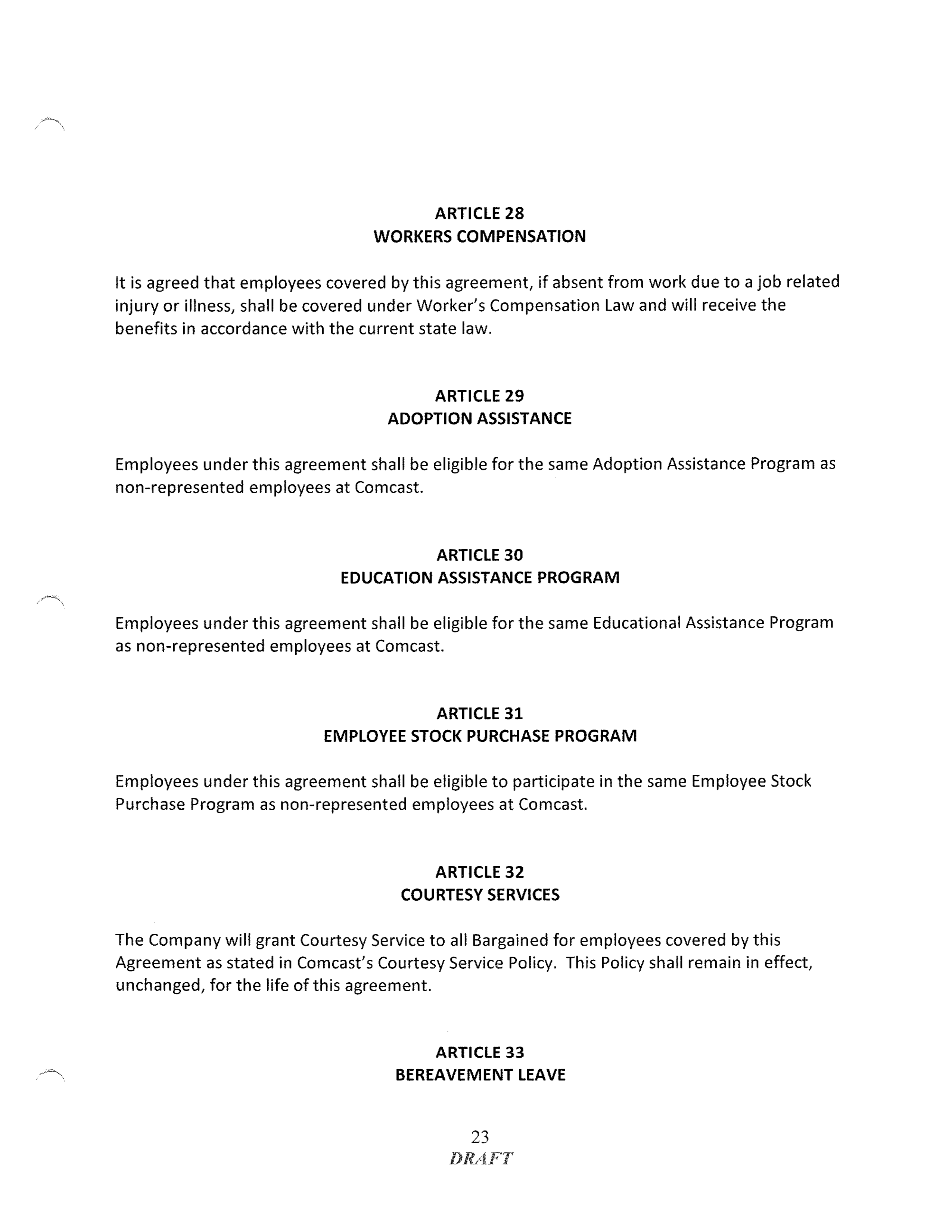 COMCAST COLLECTIVE BARGAINING AGREEMENT — page 23
