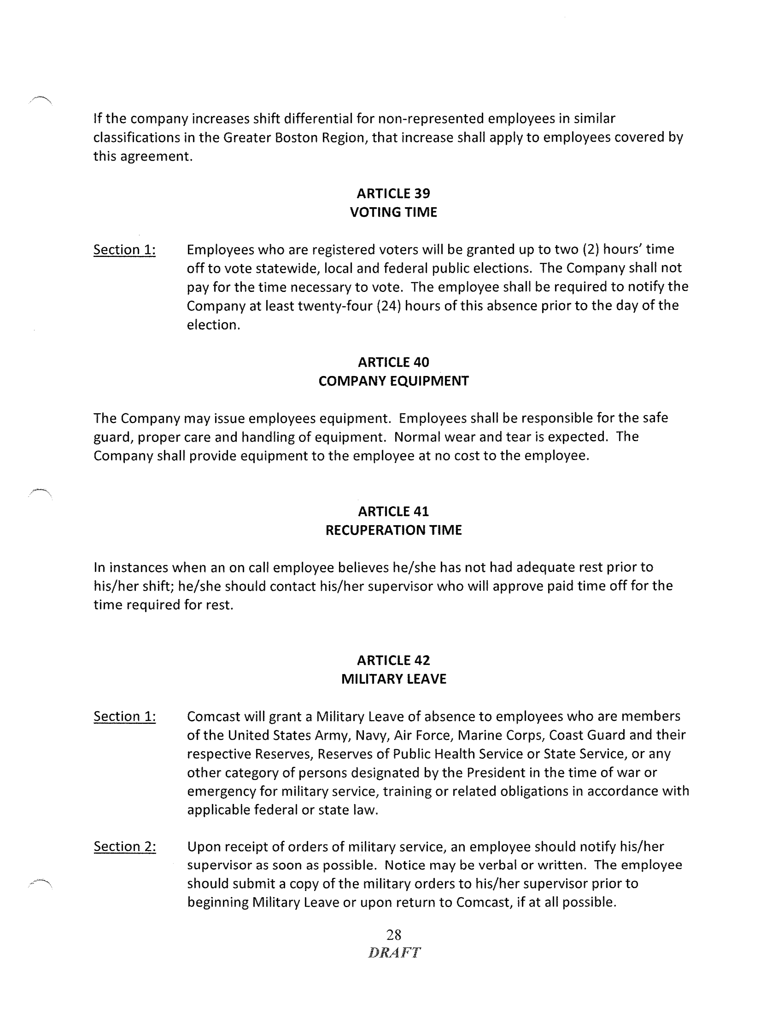 COMCAST COLLECTIVE BARGAINING AGREEMENT — page 28