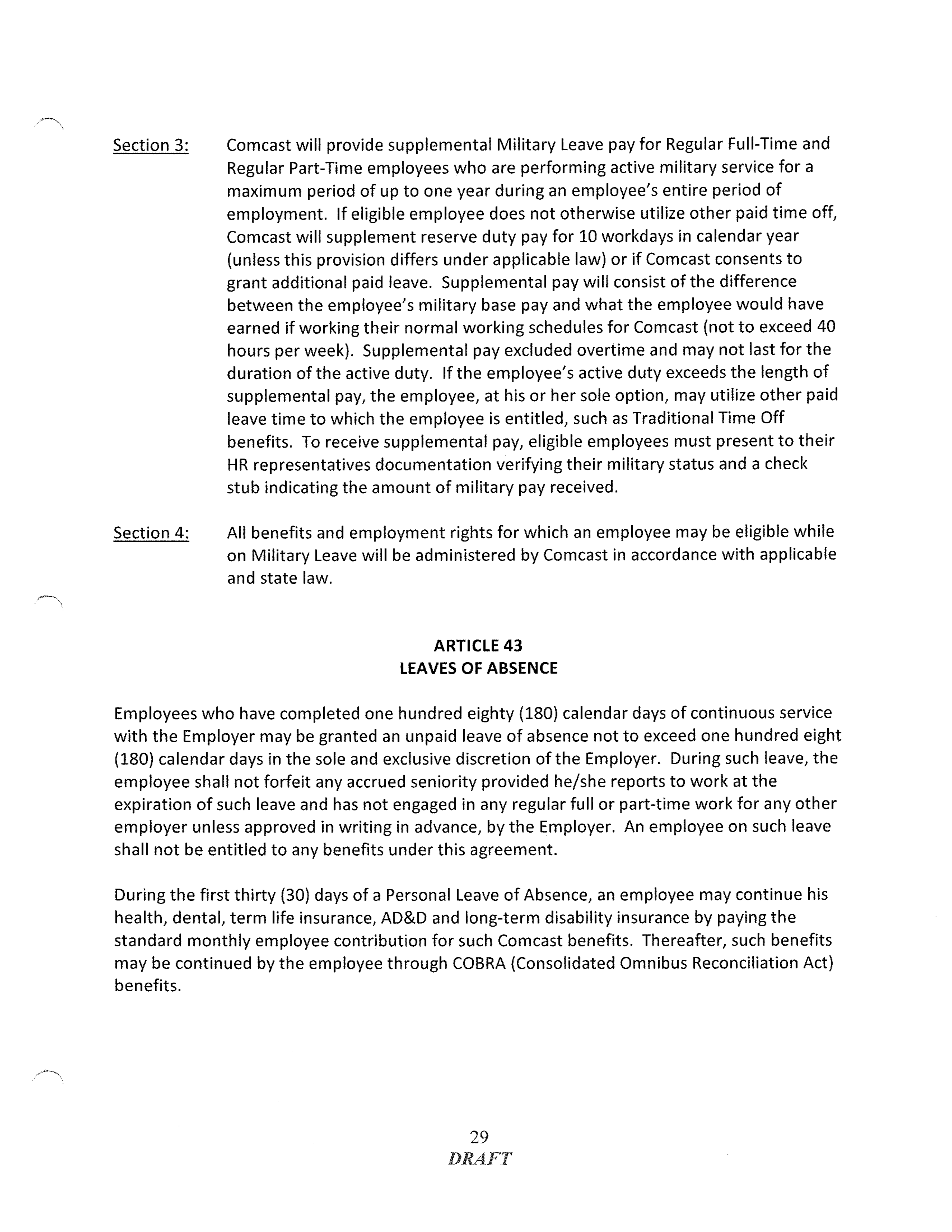 COMCAST COLLECTIVE BARGAINING AGREEMENT — page 29