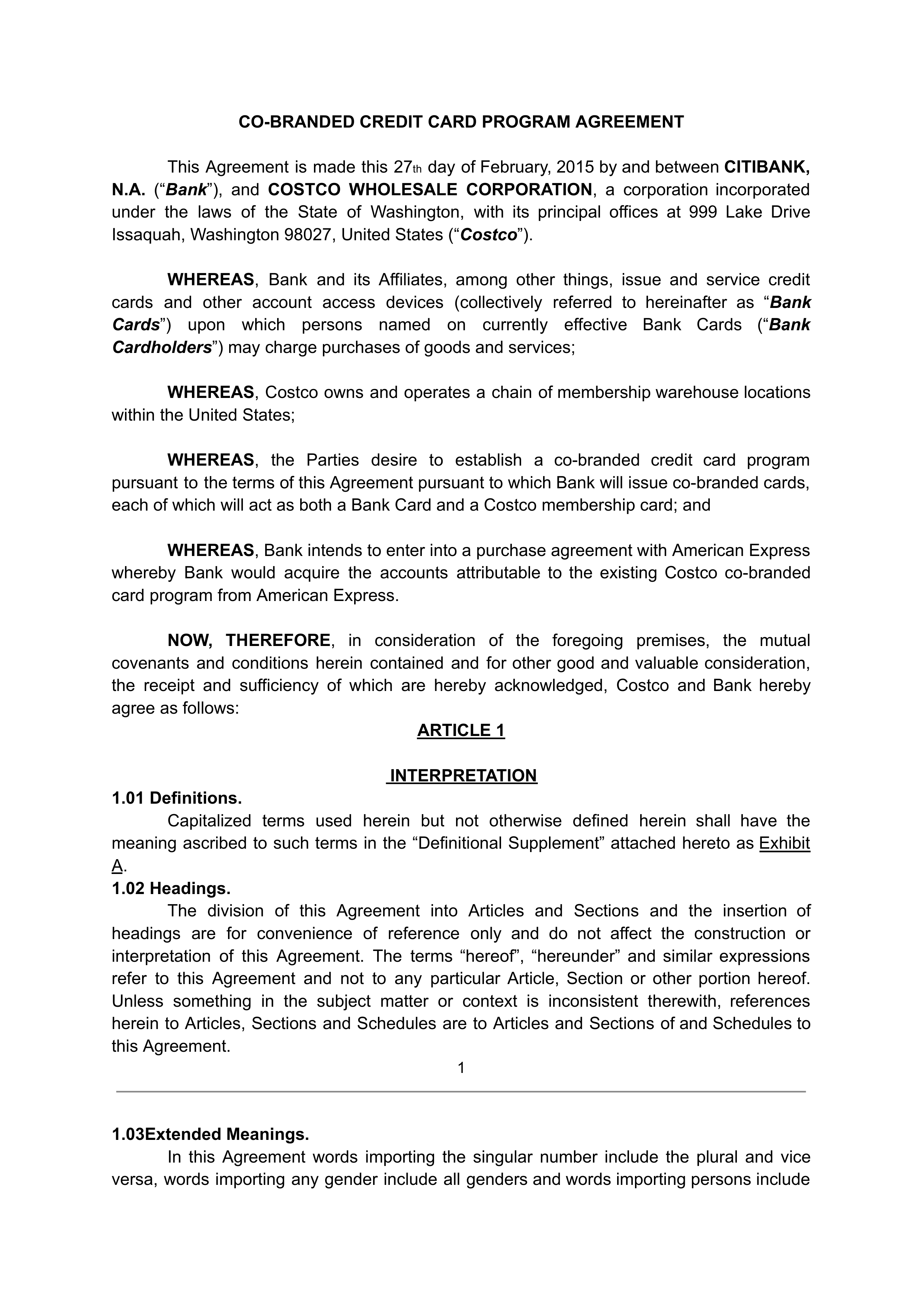 COSTCO CO-BRANDED PROGRAM AGREEMENT — page 1