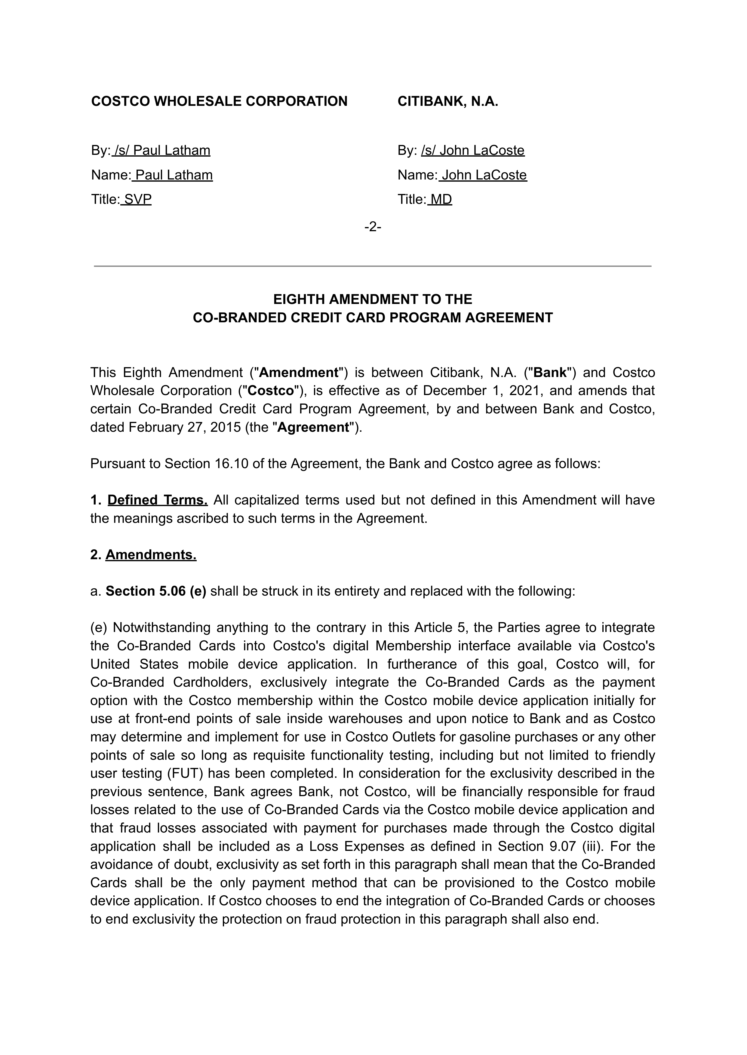 COSTCO CO-BRANDED PROGRAM AGREEMENT — page 135
