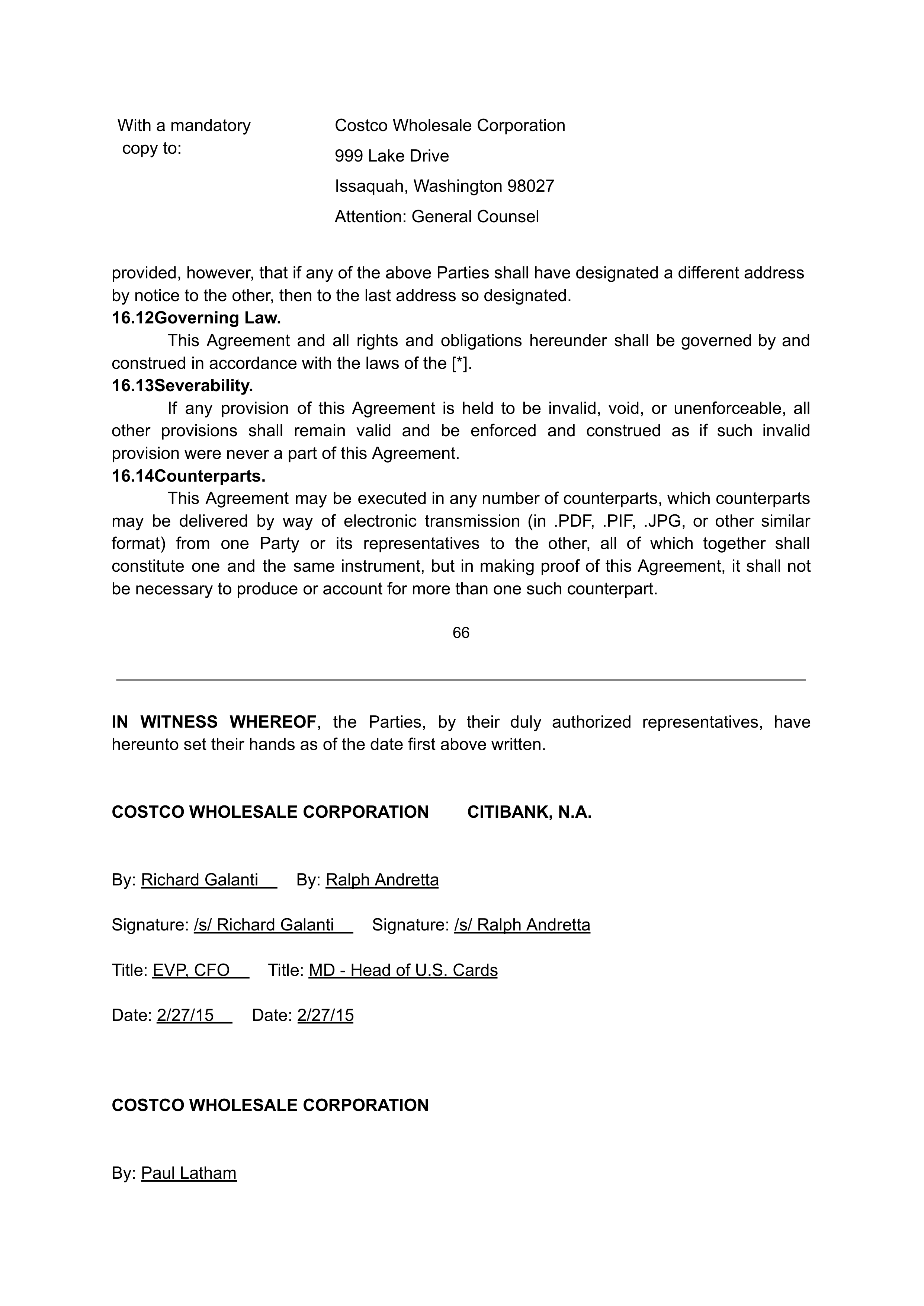 COSTCO CO-BRANDED PROGRAM AGREEMENT — page 67