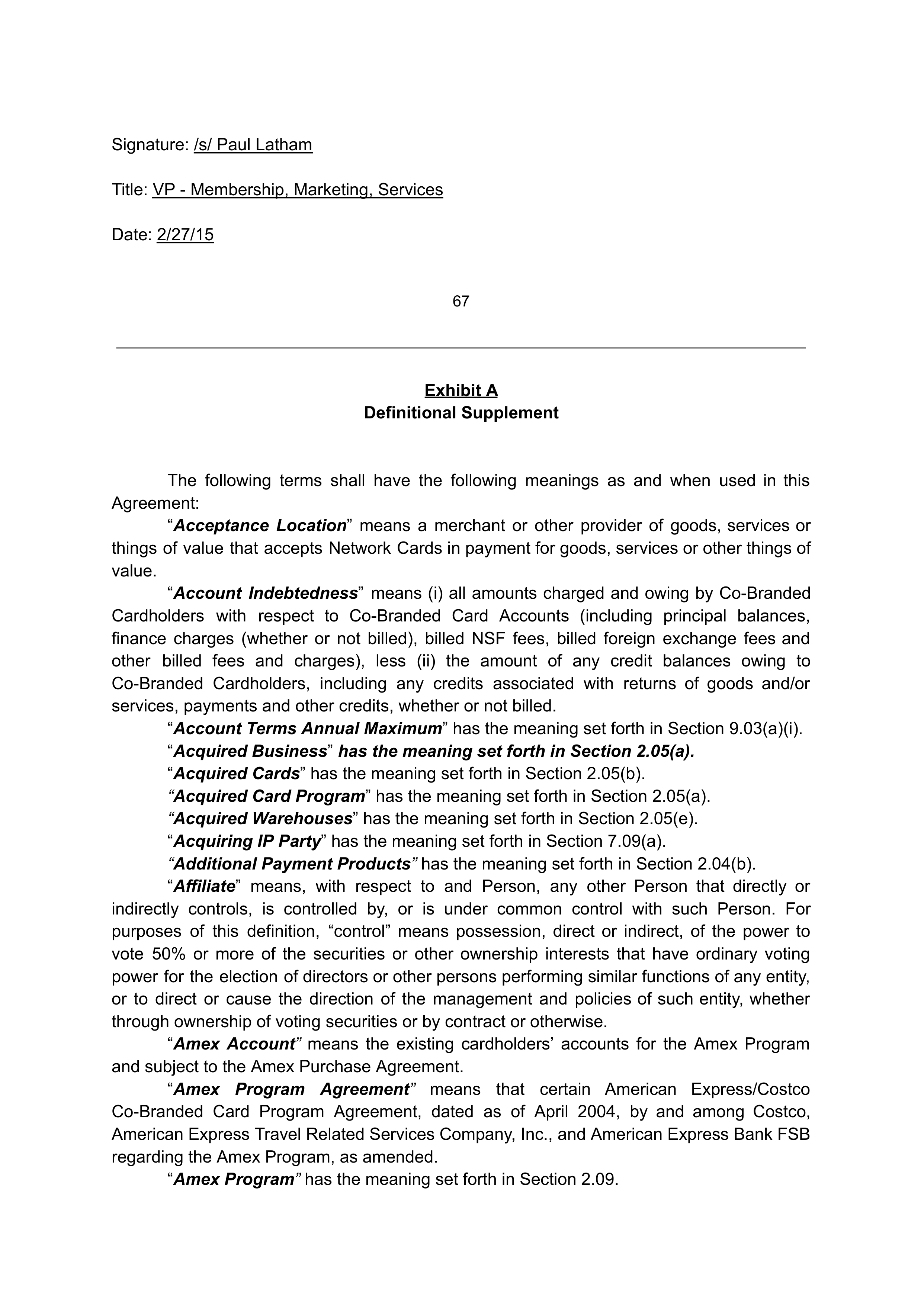 COSTCO CO-BRANDED PROGRAM AGREEMENT — page 68