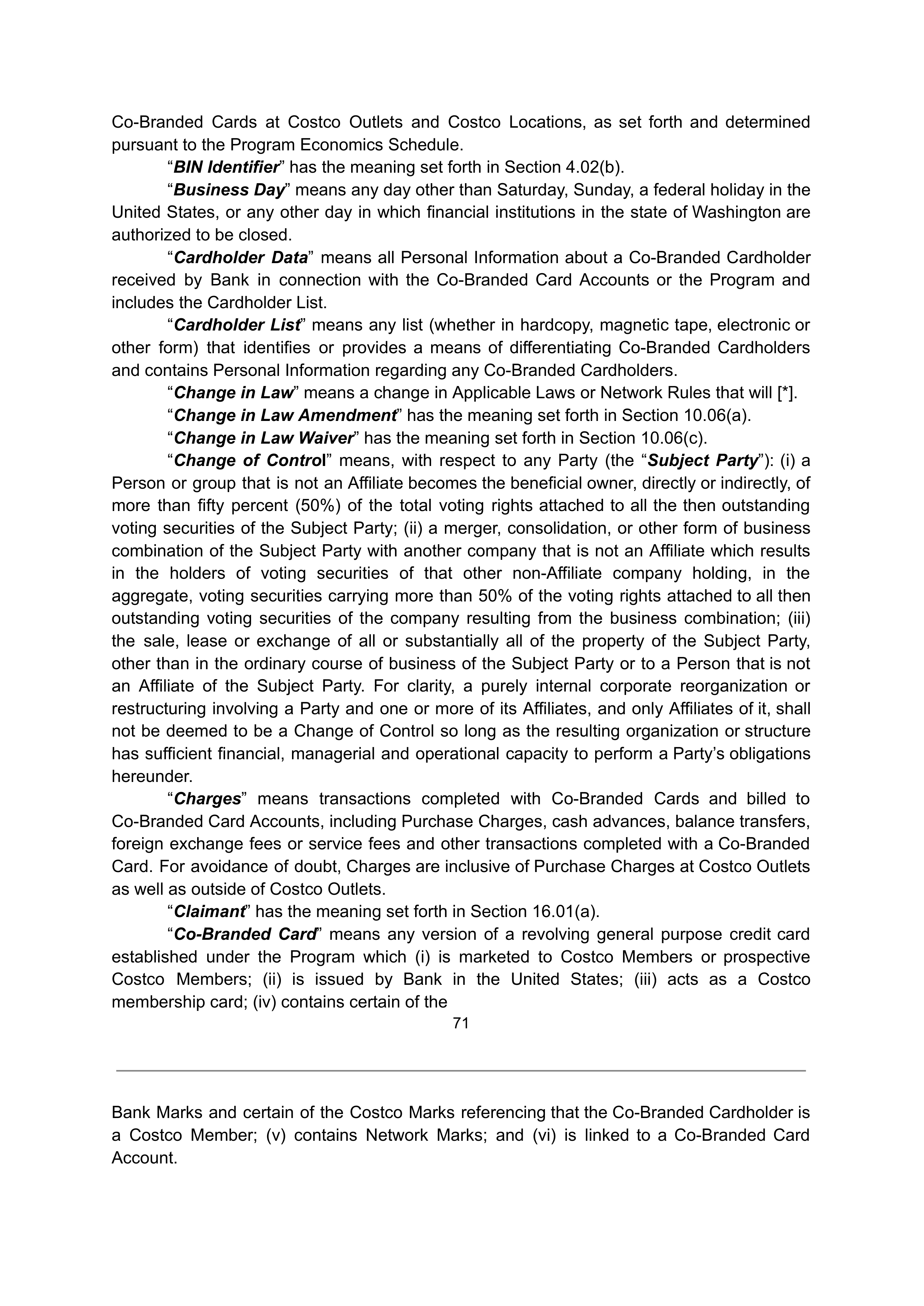 COSTCO CO-BRANDED PROGRAM AGREEMENT — page 71