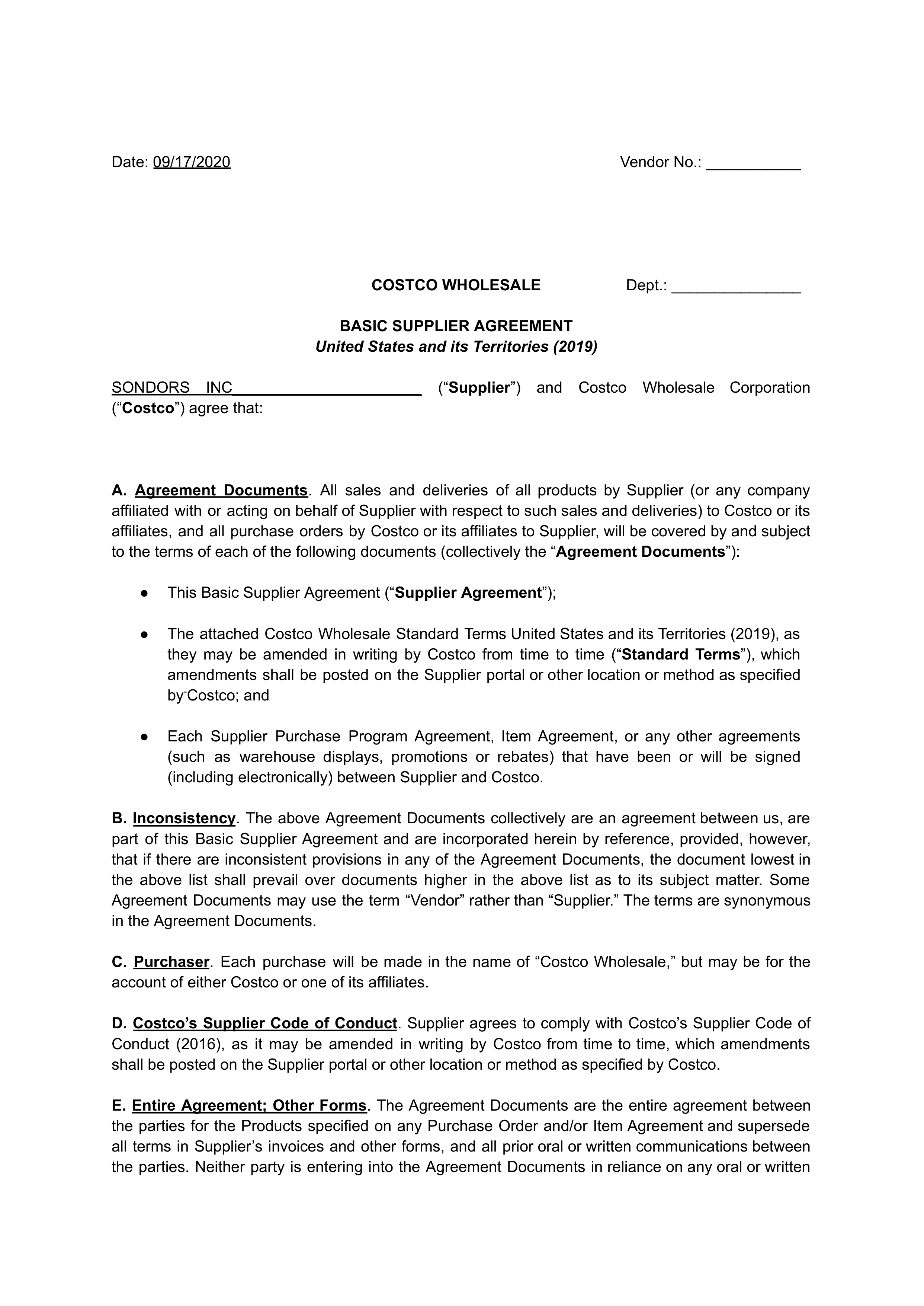 COSTCO WHOLESALE SUPPLIER AGREEMENT — page 1