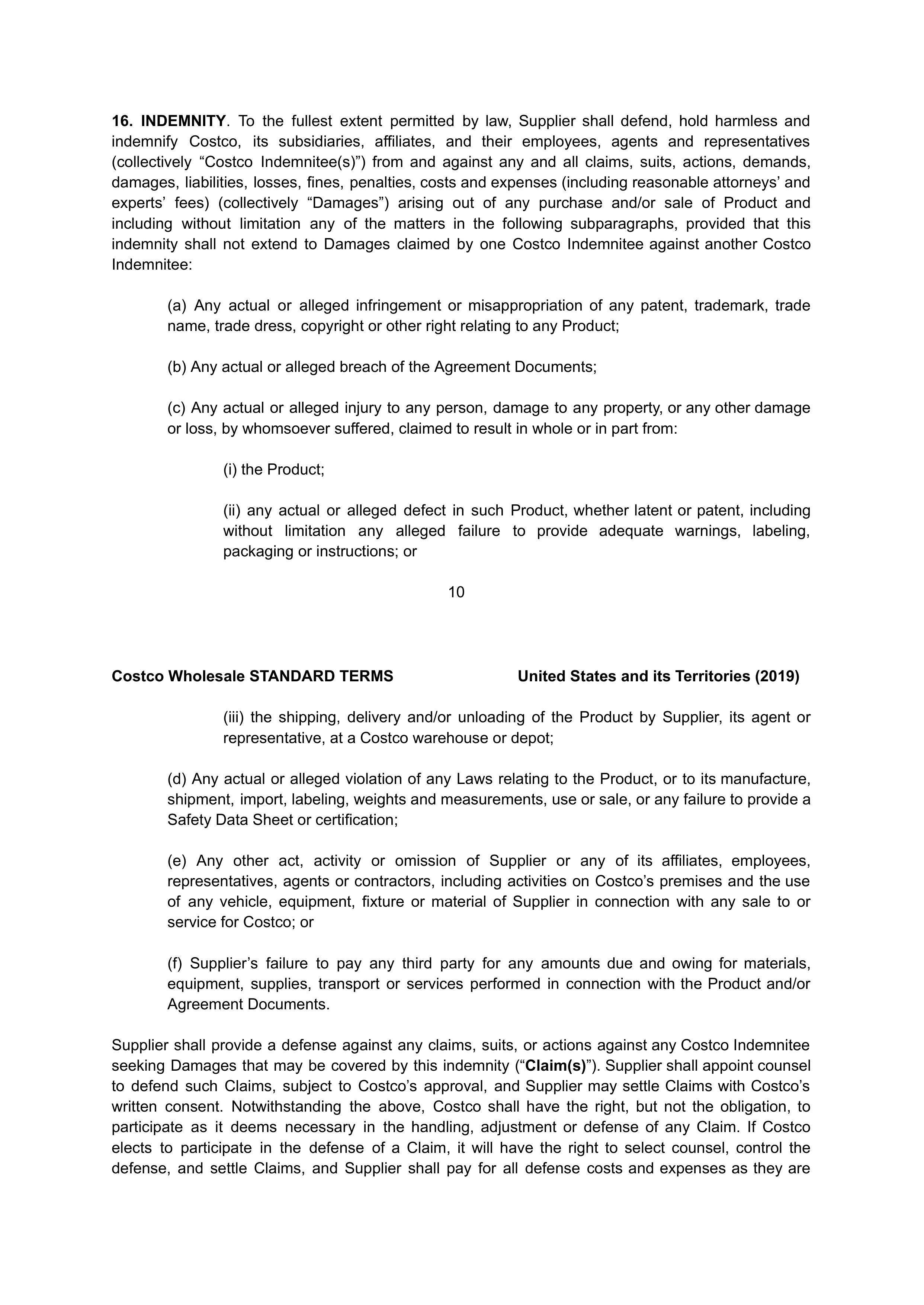 COSTCO WHOLESALE SUPPLIER AGREEMENT — page 10