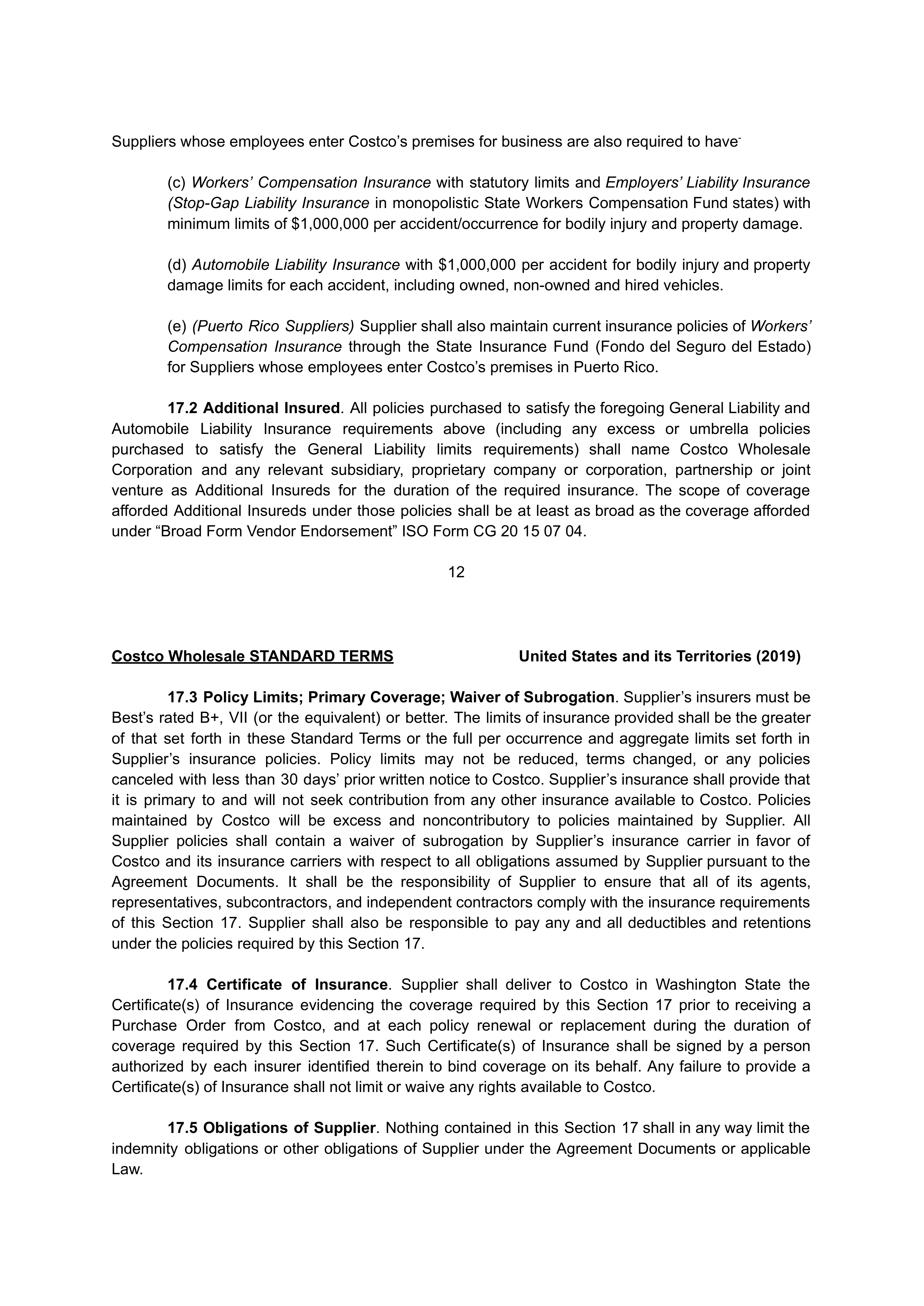 COSTCO WHOLESALE SUPPLIER AGREEMENT — page 12