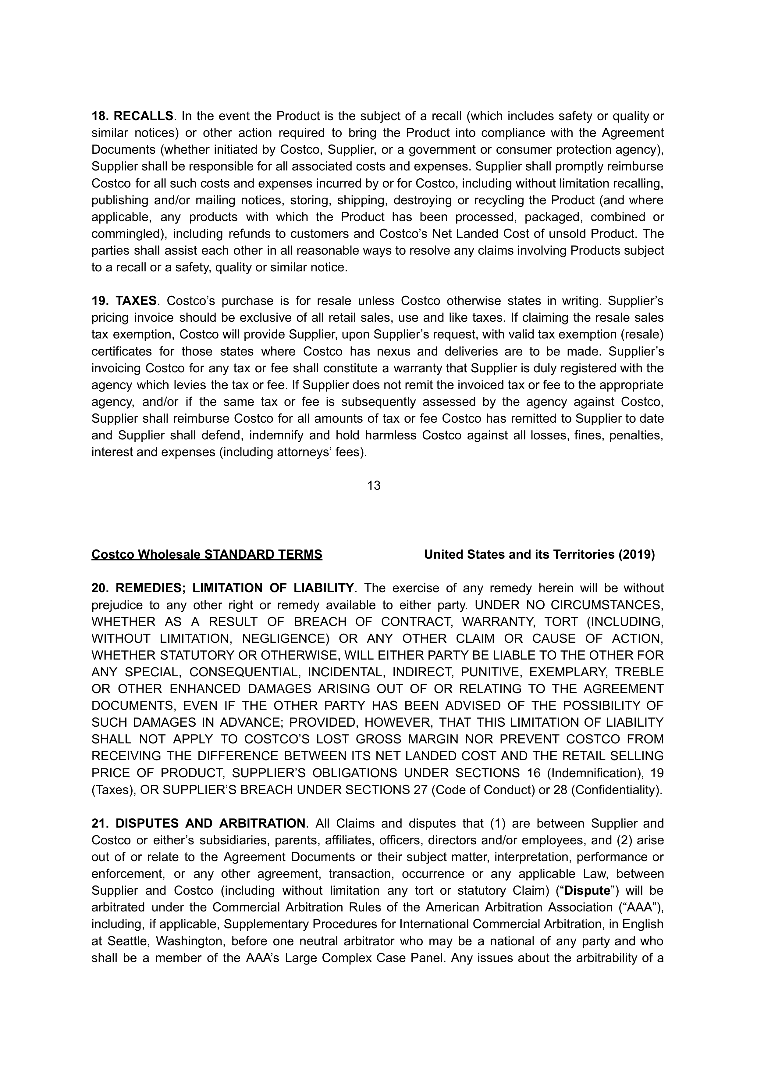 COSTCO WHOLESALE SUPPLIER AGREEMENT — page 13