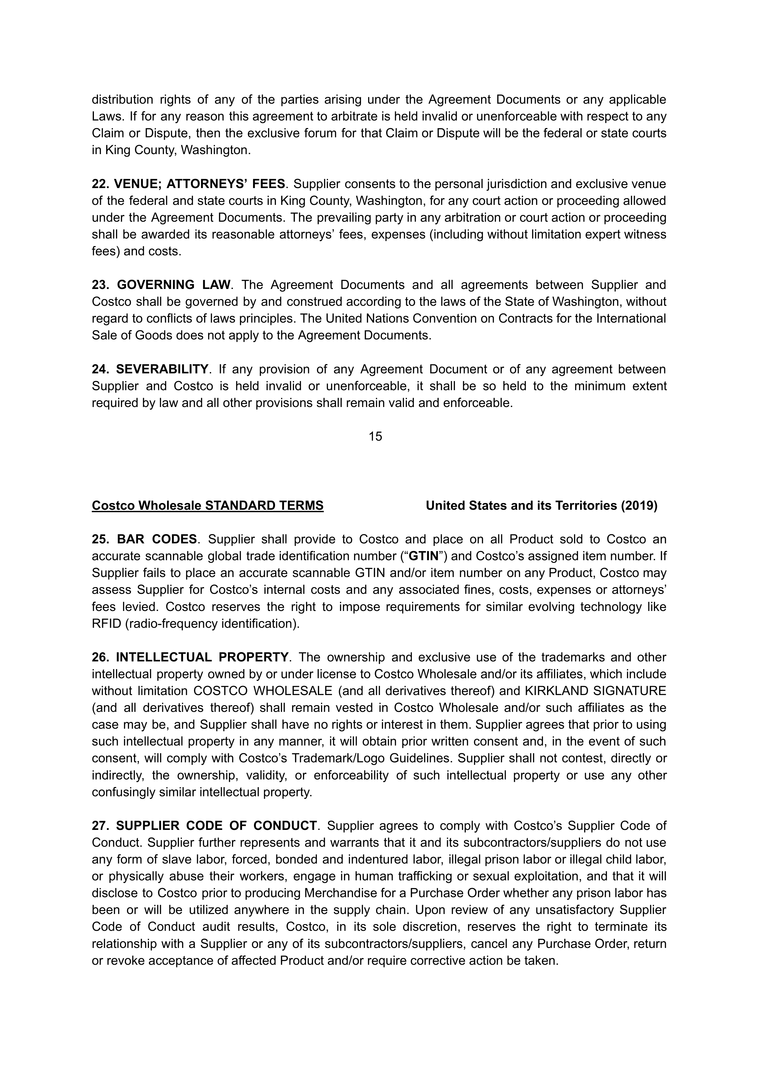 COSTCO WHOLESALE SUPPLIER AGREEMENT — page 15