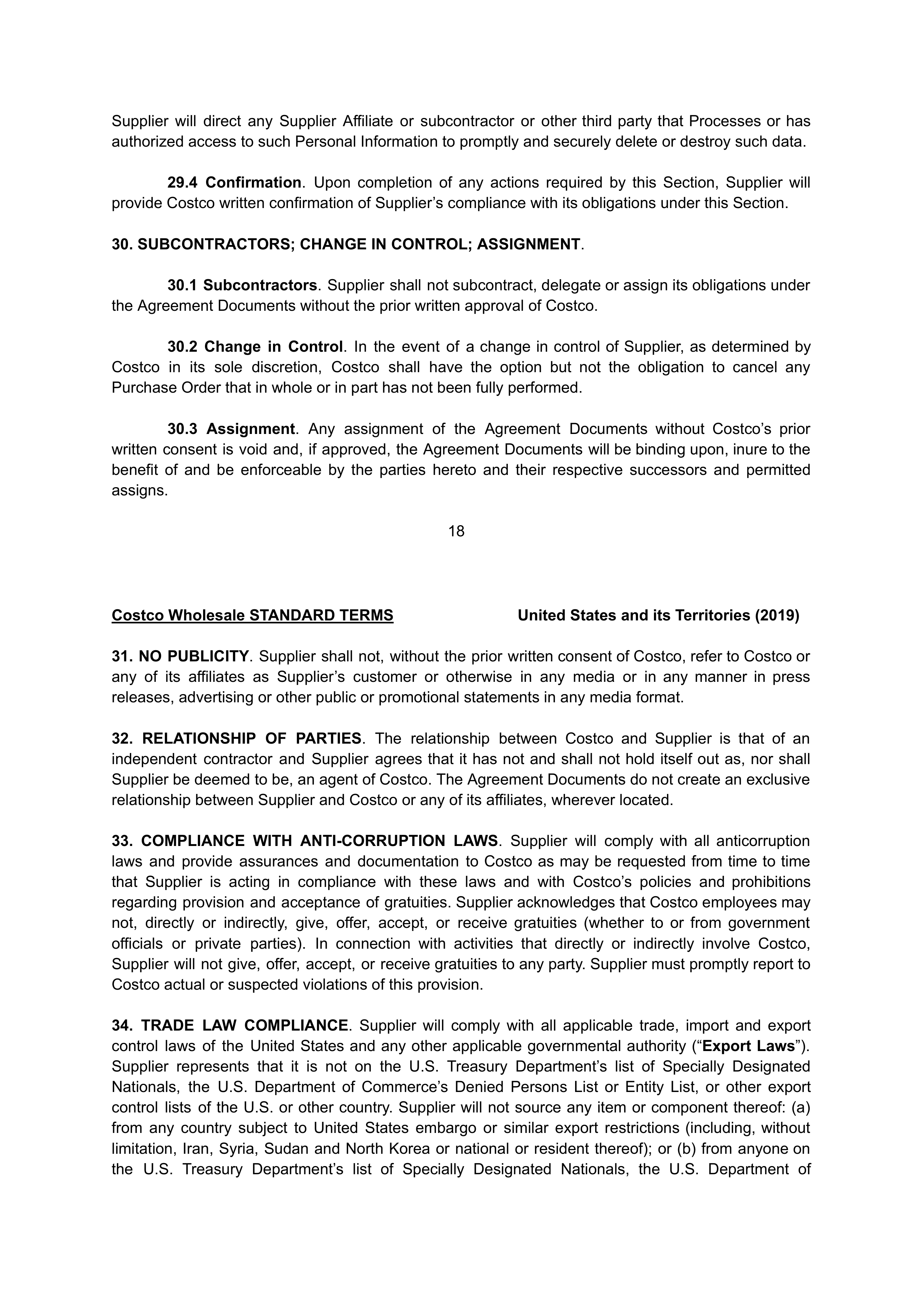 COSTCO WHOLESALE SUPPLIER AGREEMENT — page 18
