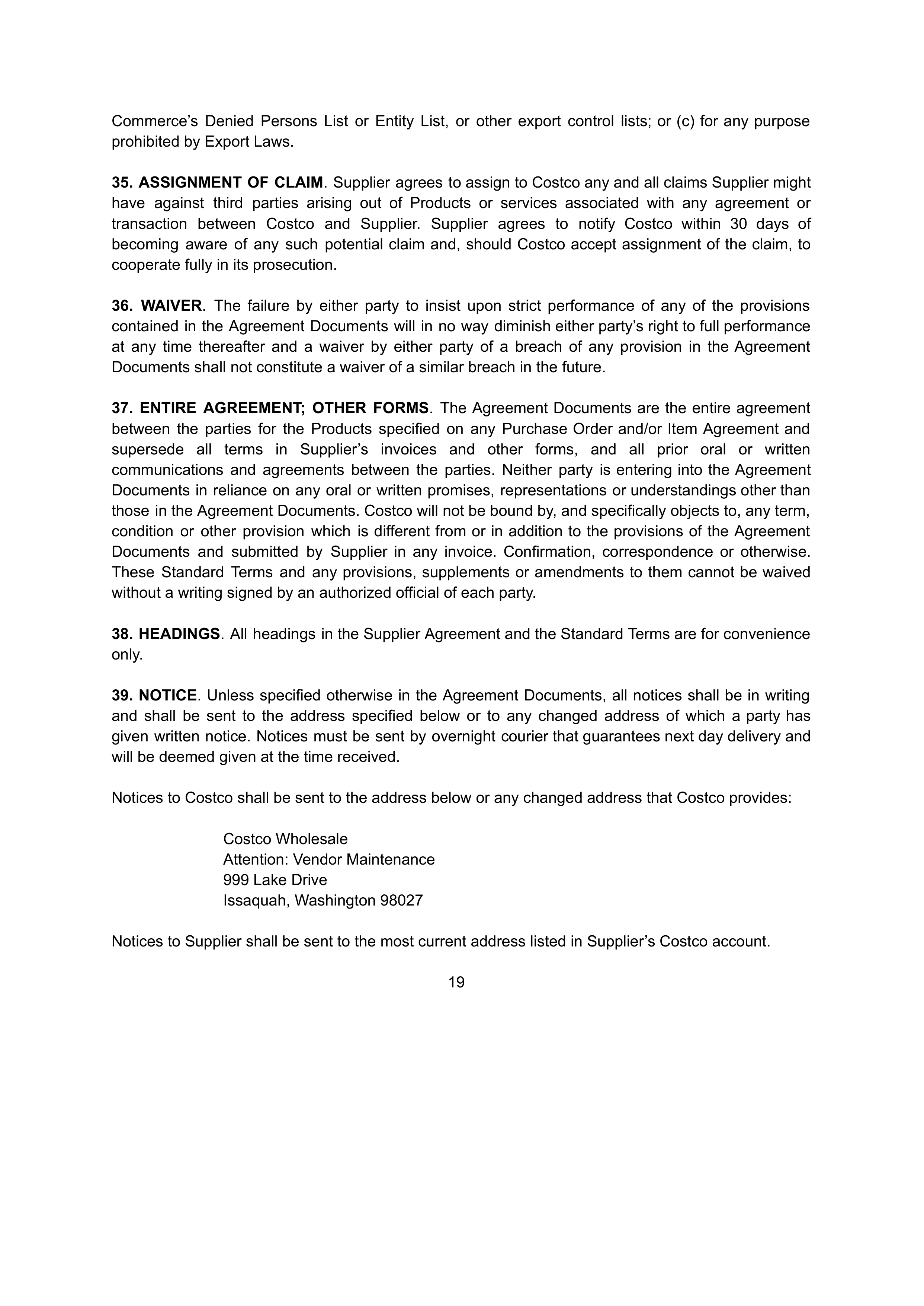 COSTCO WHOLESALE SUPPLIER AGREEMENT — page 19