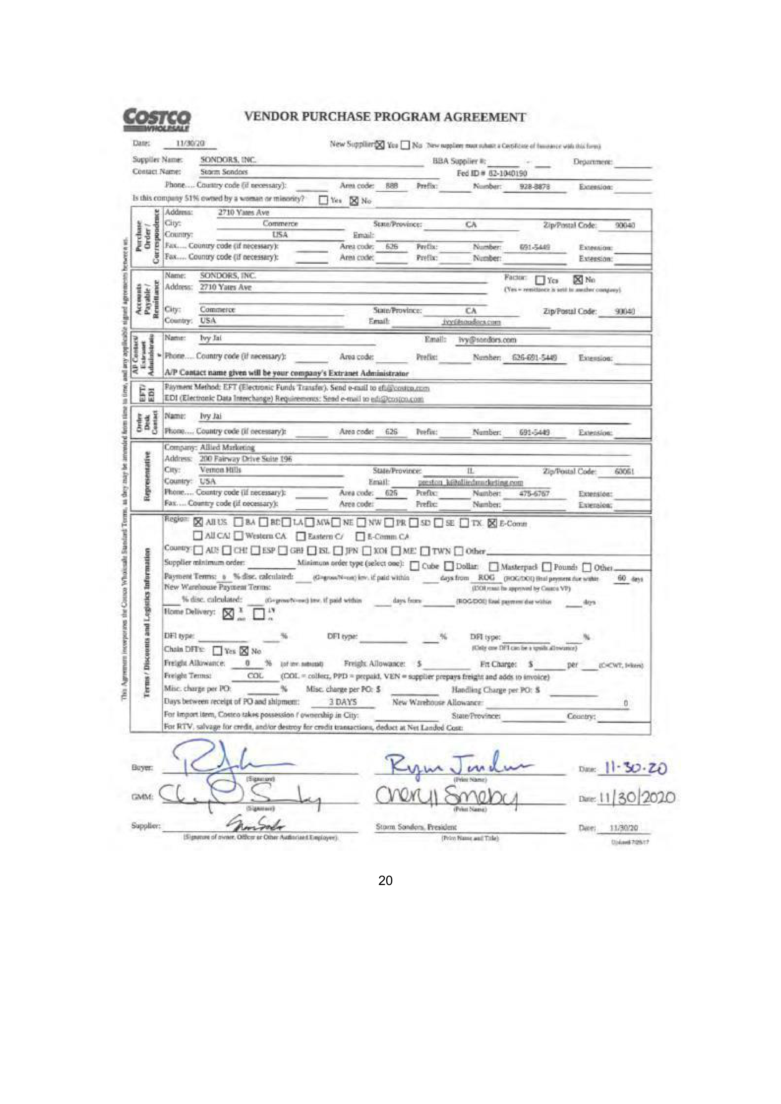 COSTCO WHOLESALE SUPPLIER AGREEMENT — page 20