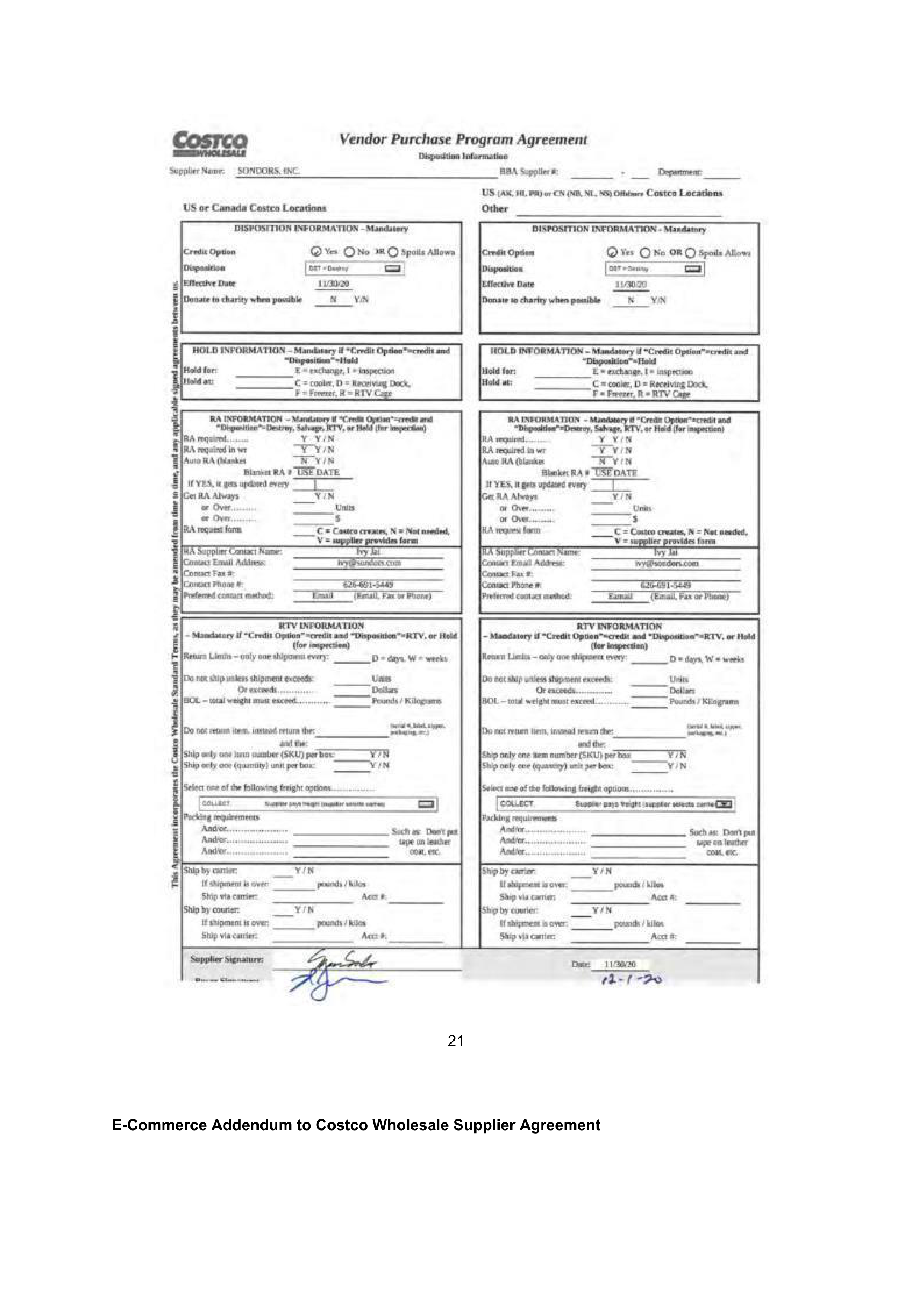 COSTCO WHOLESALE SUPPLIER AGREEMENT — page 21