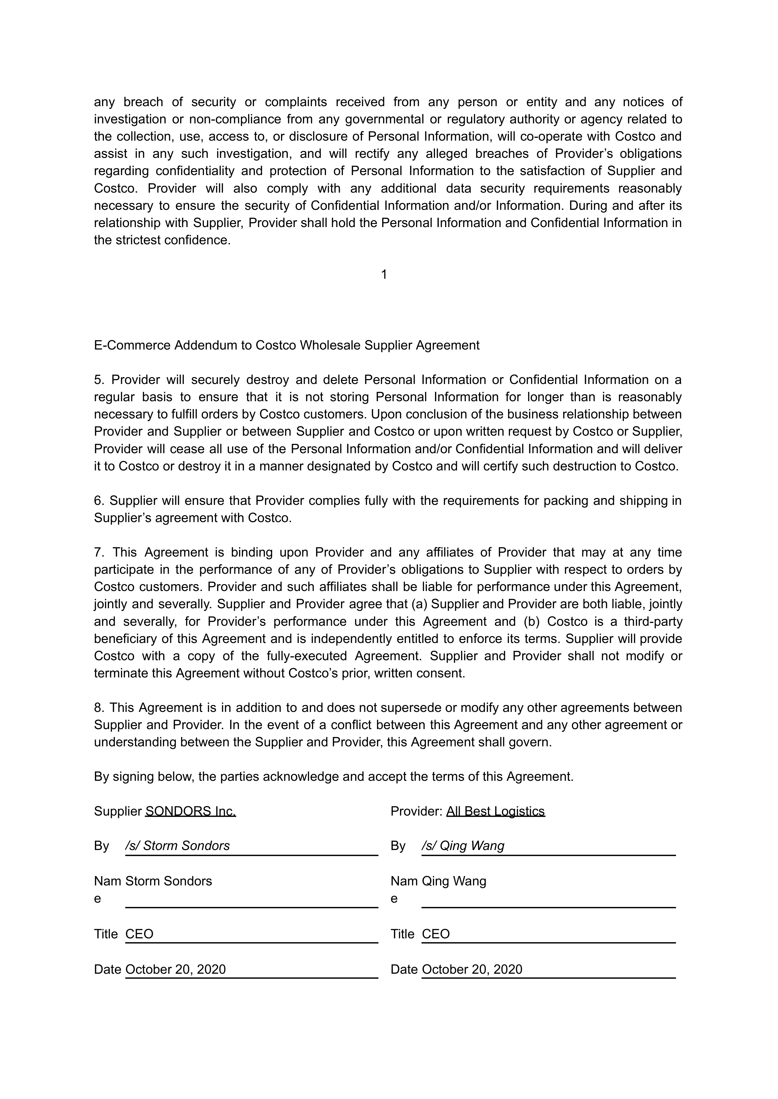 COSTCO WHOLESALE SUPPLIER AGREEMENT — page 29