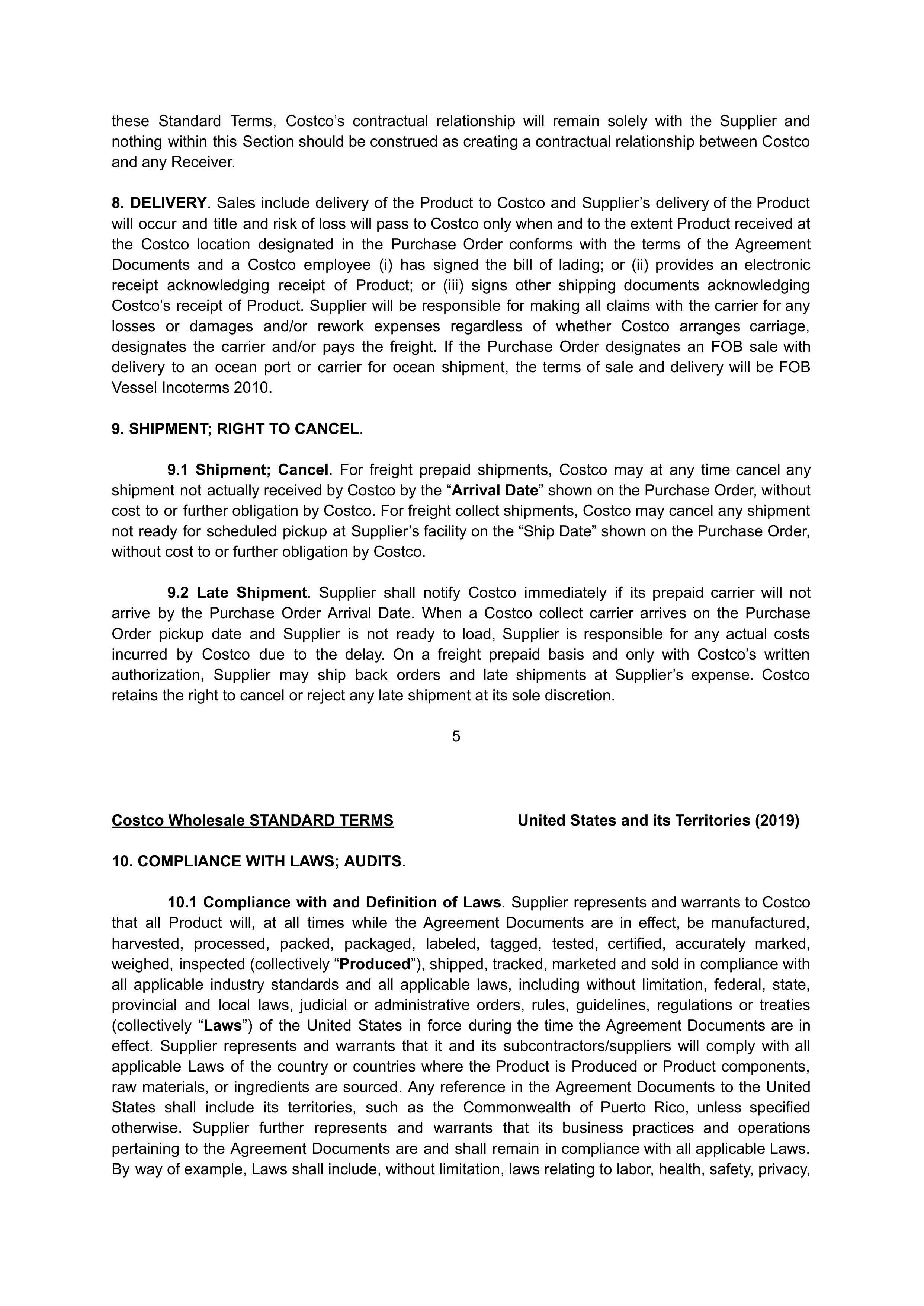 COSTCO WHOLESALE SUPPLIER AGREEMENT — page 5