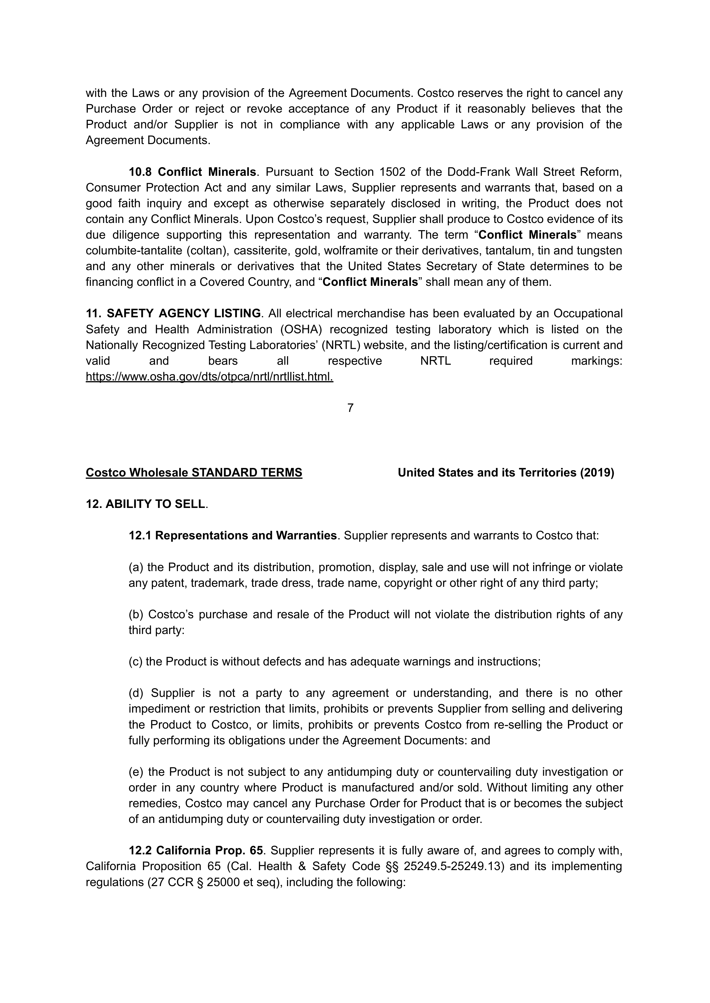 COSTCO WHOLESALE SUPPLIER AGREEMENT — page 7