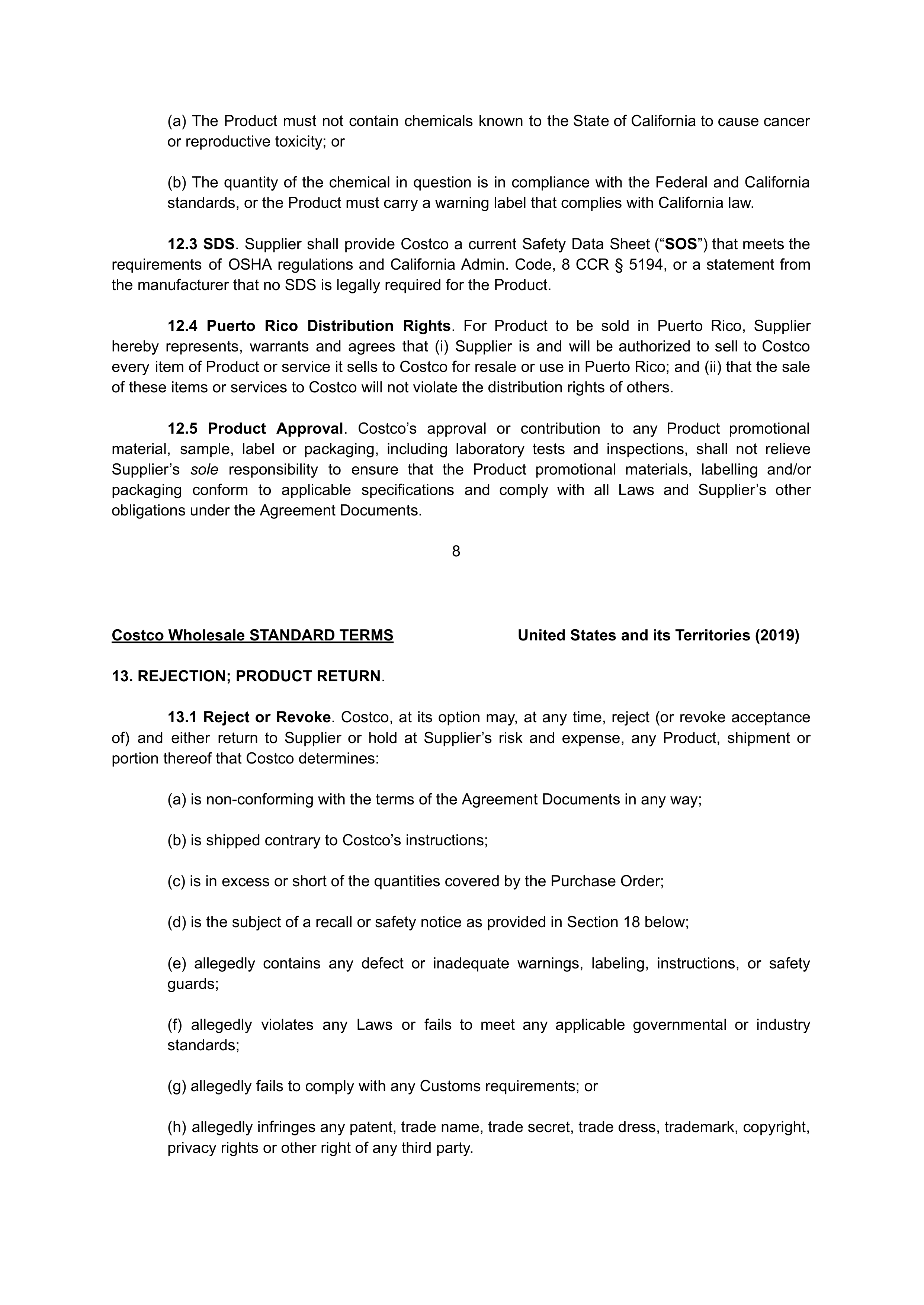 COSTCO WHOLESALE SUPPLIER AGREEMENT — page 8