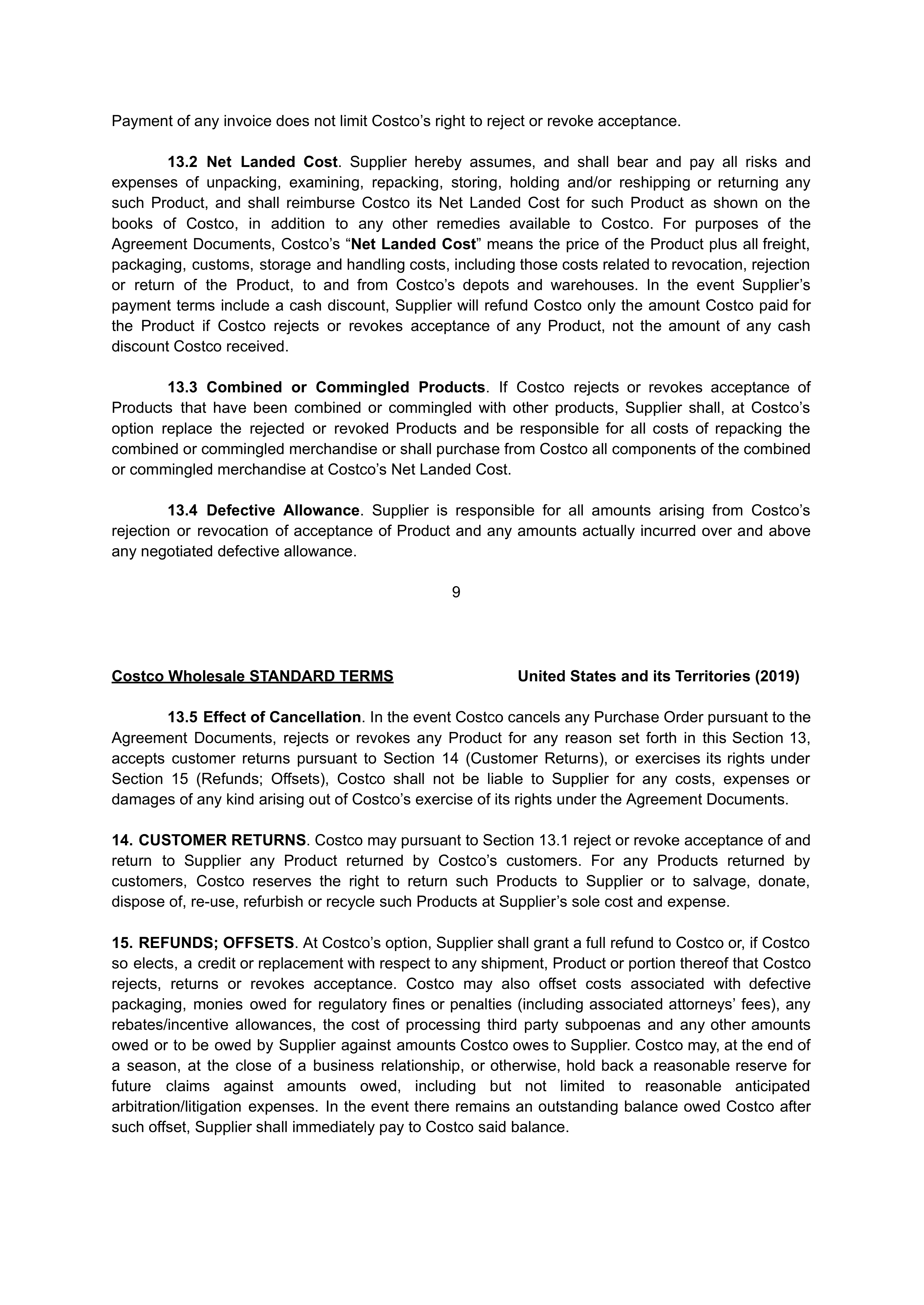 COSTCO WHOLESALE SUPPLIER AGREEMENT — page 9
