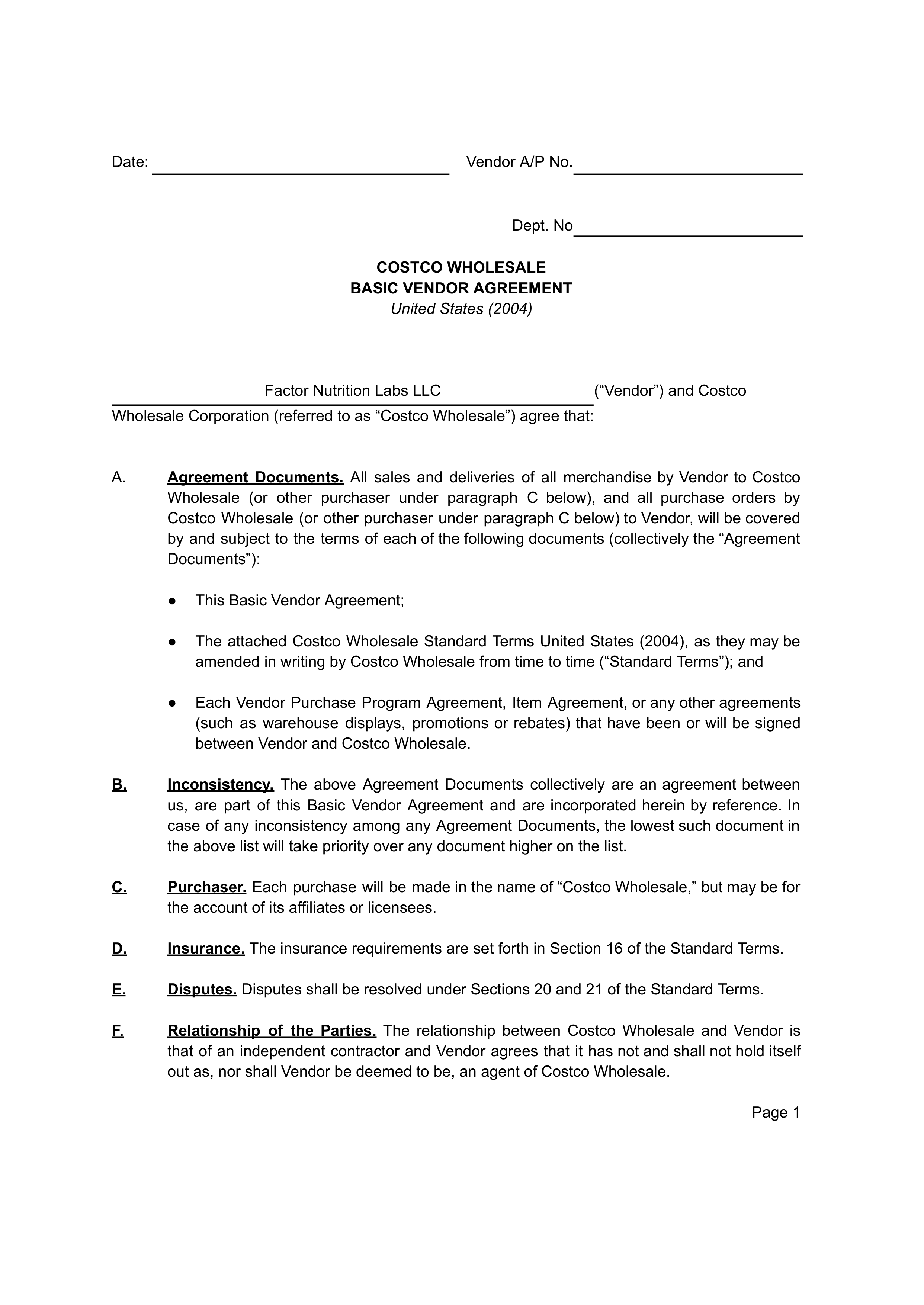 COSTCO WHOLESALE VENDOR AGREEMENT — page 1